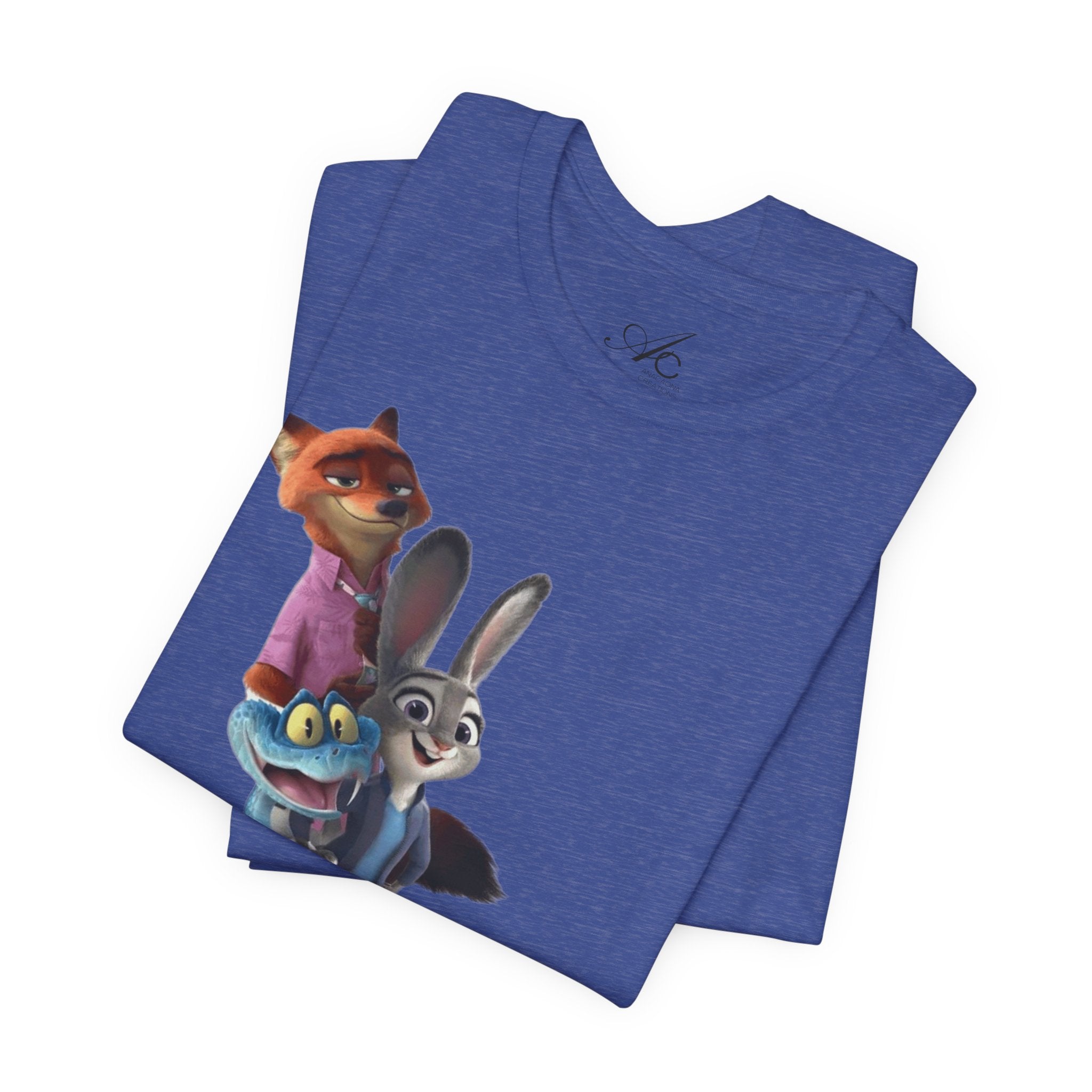 Animated Character Tee — Cute Fox & Bunny Stack Graphic T-Shirt  cartoon-style Christmas artwork