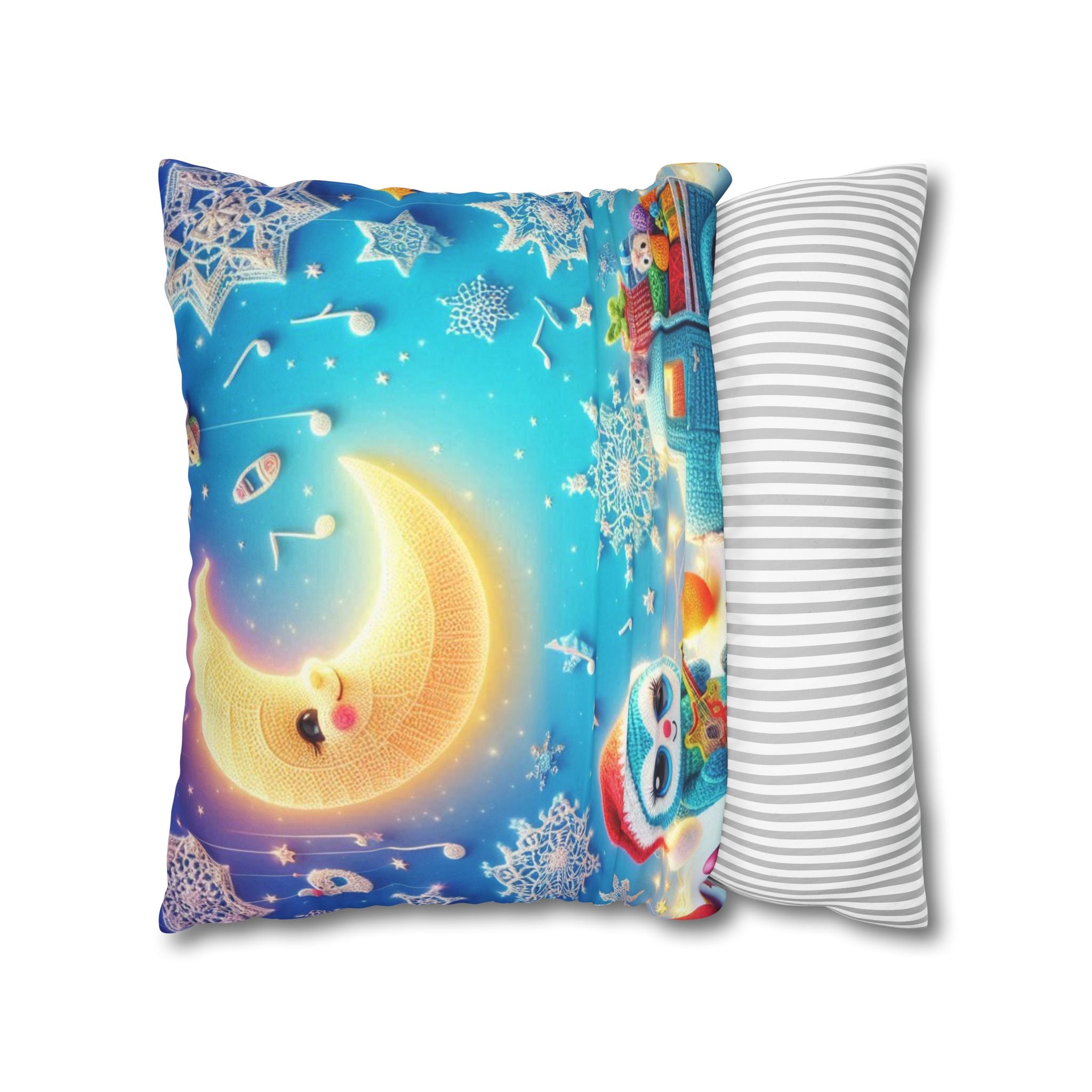 Whimsical Moon & Penguin Holiday Pillowcase  Faux Suede Square Throw Pillow