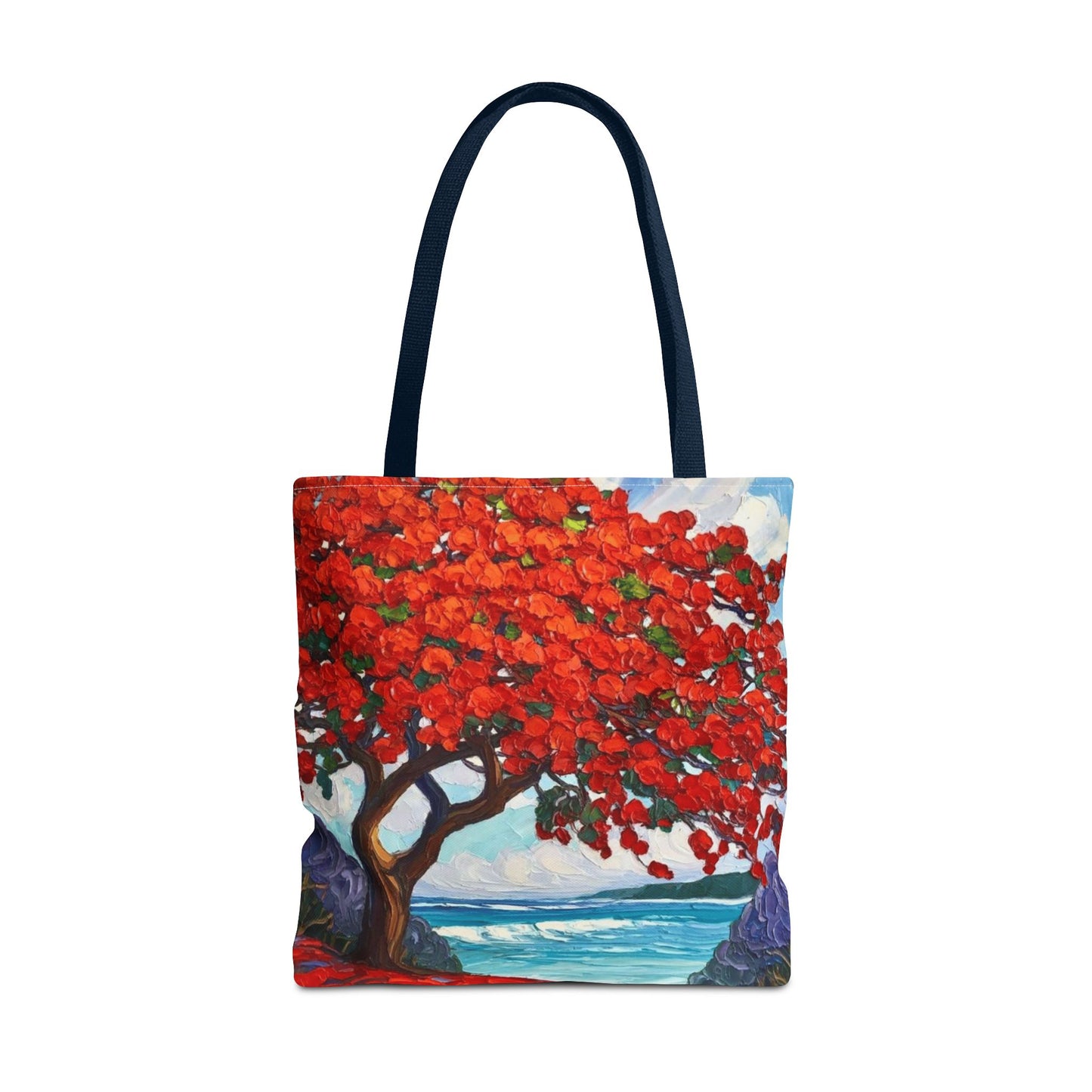 Red Blossom Beach Tote - Tropical Tree Art All-Over Print Tote Bag Crochet-Decorated Tote Bags