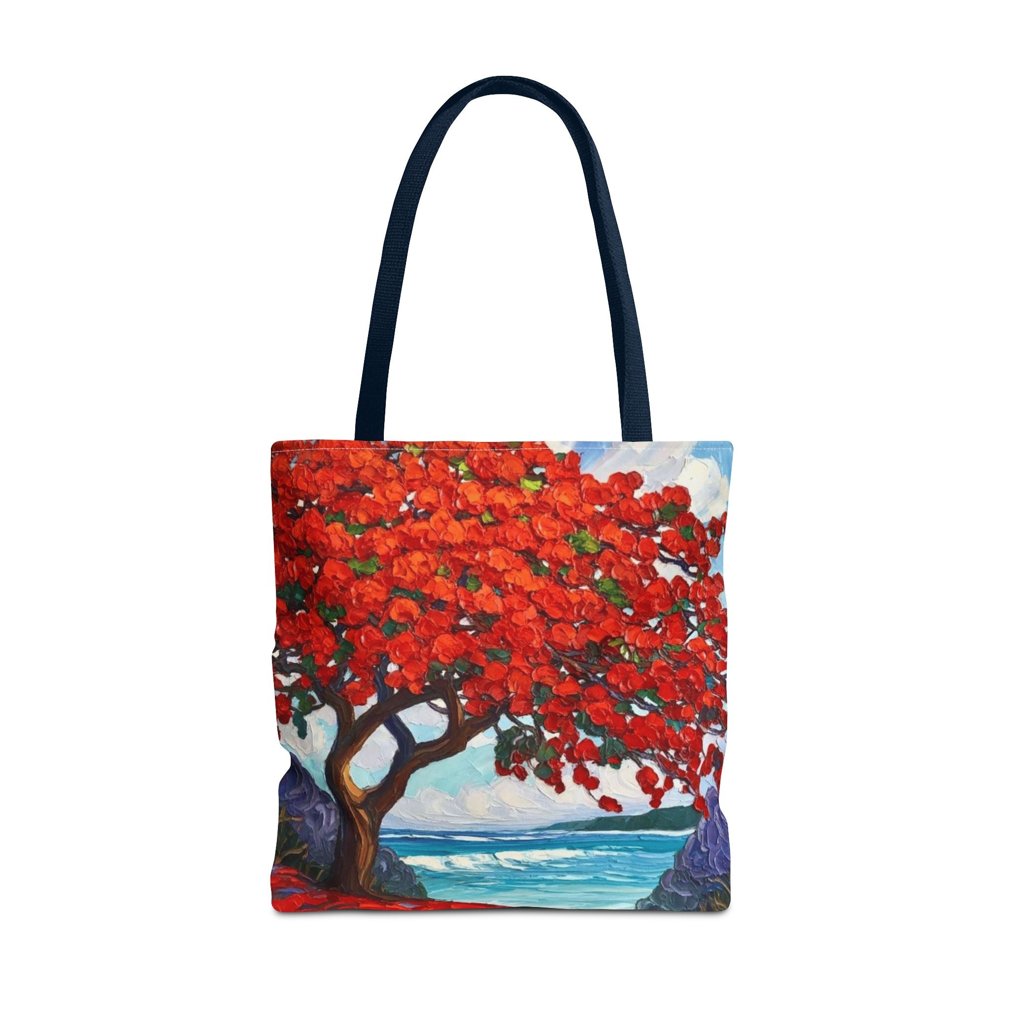 Red Blossom Beach Tote - Tropical Tree Art All-Over Print Tote Bag Crochet-Decorated Tote Bags