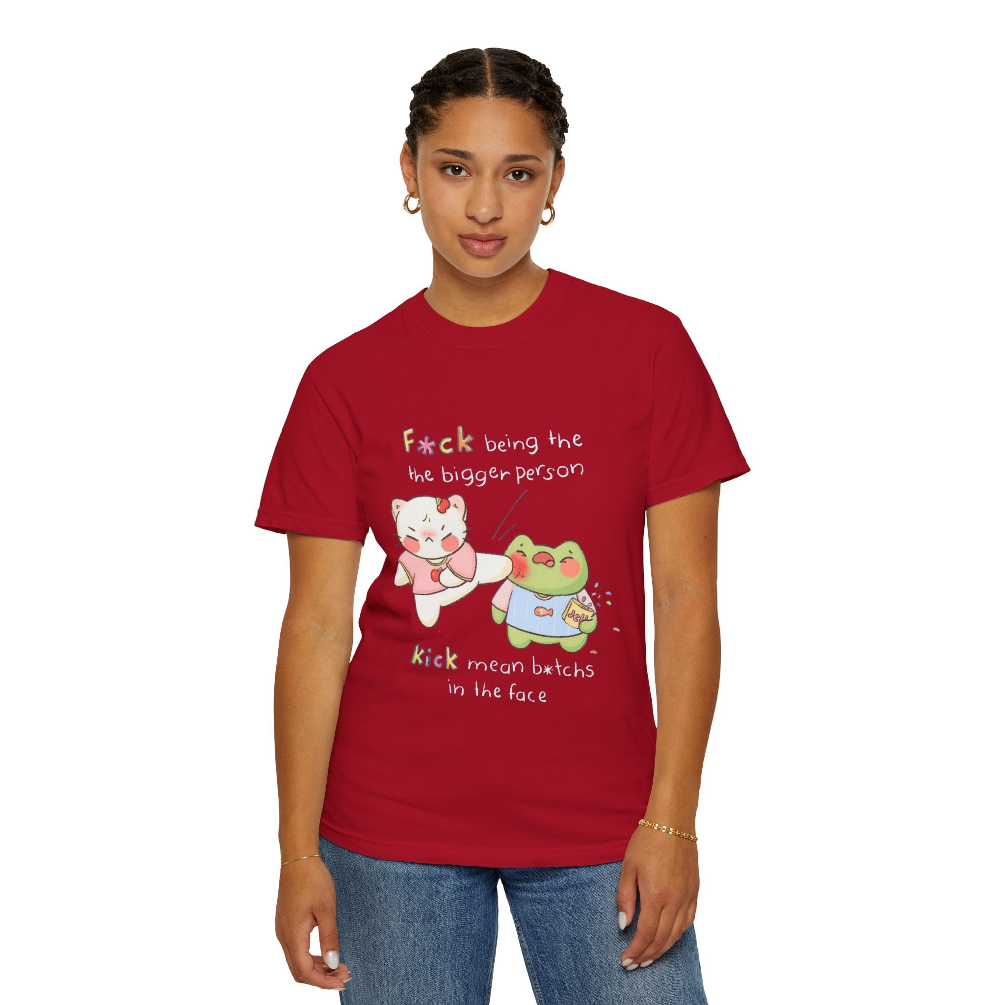 Graphic T-Shirt  Cute Kicking Cat & Frog with 'F*ck Being The Bigger Person' Slogan