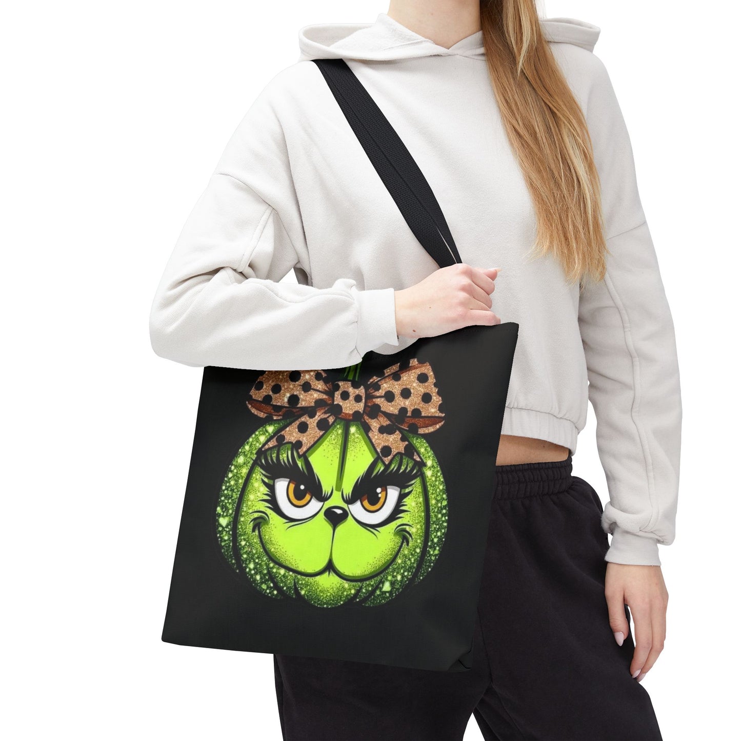 Grinch-Inspired Tote Bag with Polka Dot Bow Christmas Tote Bag Festive Holiday Design