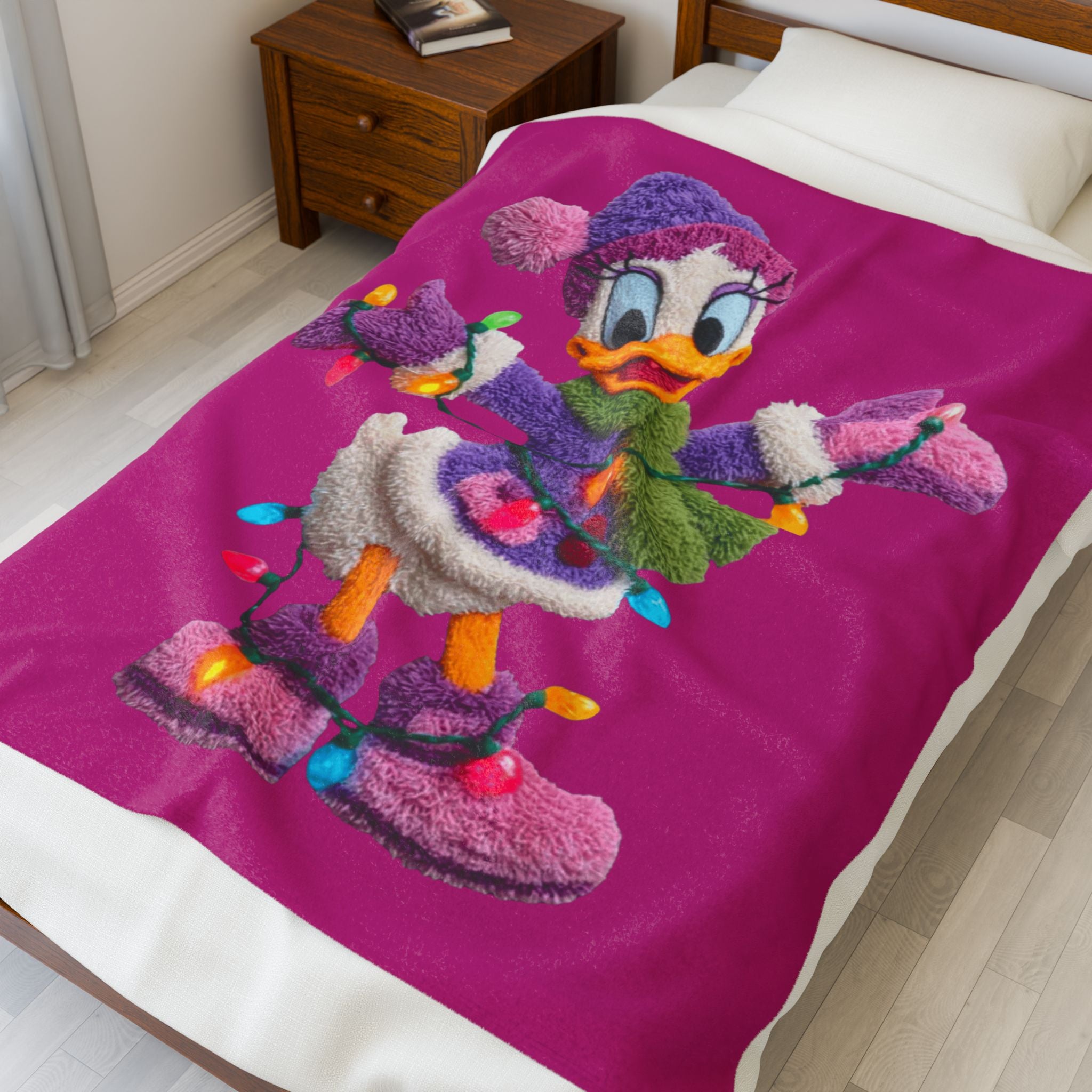 Daisy Duck Holiday Velveteen Plush Blanket — Cozy Christmas Lights Throw for Kids & Fans