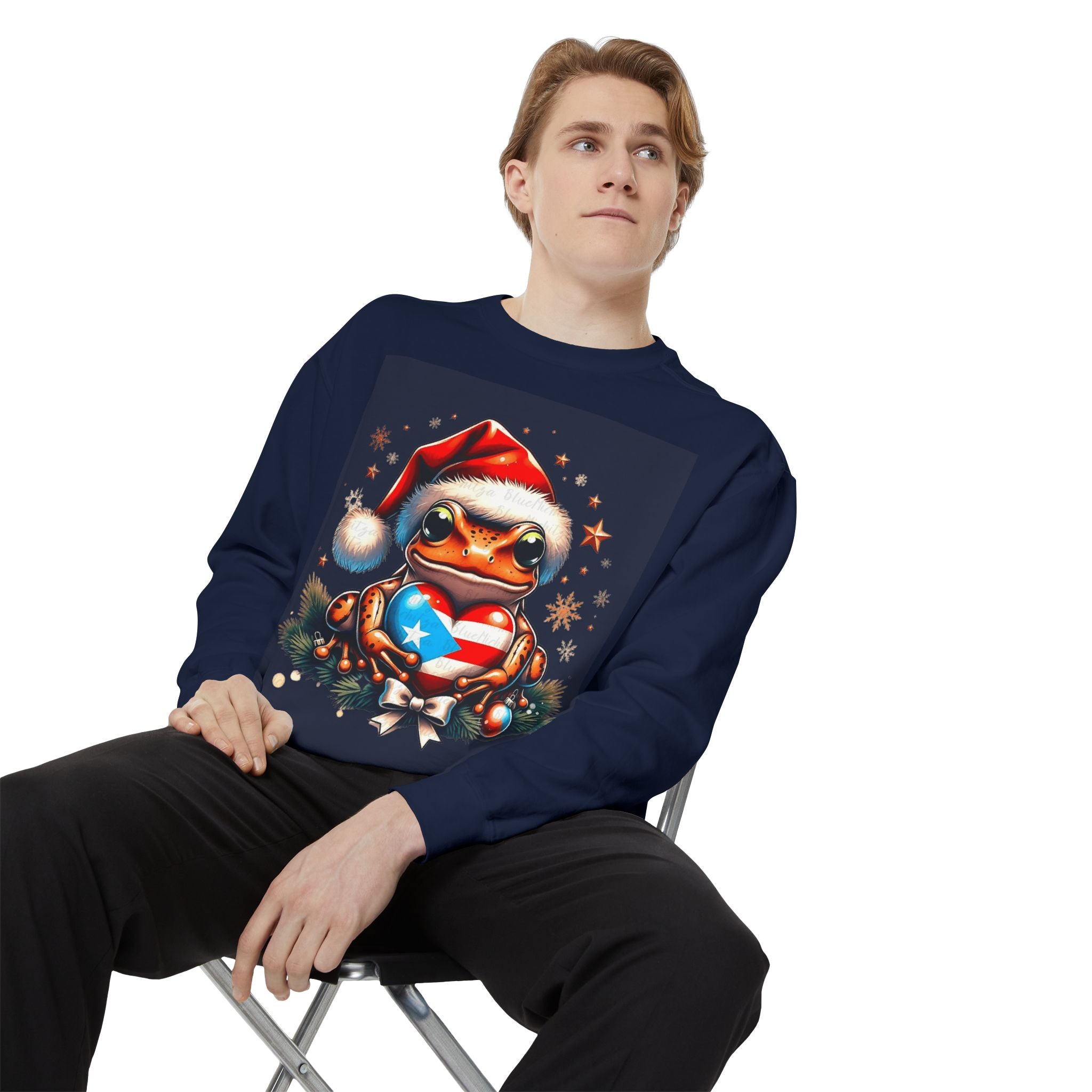 Christmas Coqui Sweatshirt — Cute Santa Frog Holding Ornament Holiday Sweater