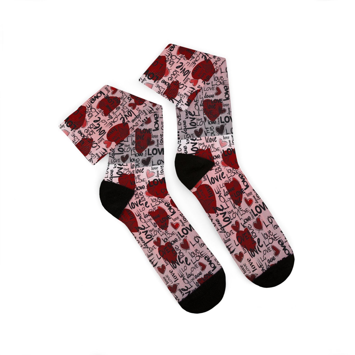 Valentine Heart Sublimation Socks – I Love You Pattern, Red Rose & Script Crew Socks