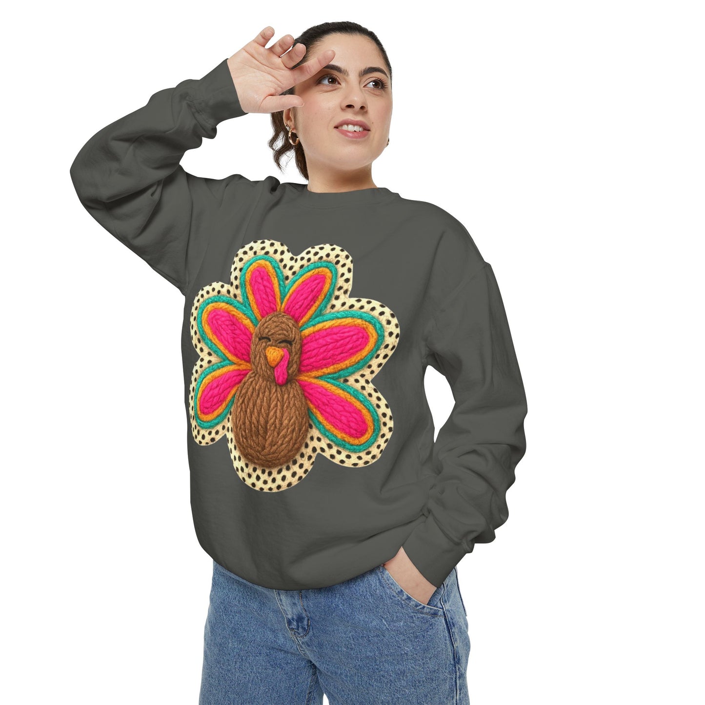 Festive Holiday Designs Turkey Patch Sweatshirt — Colorful Embroidered Thanksgiving Pullover