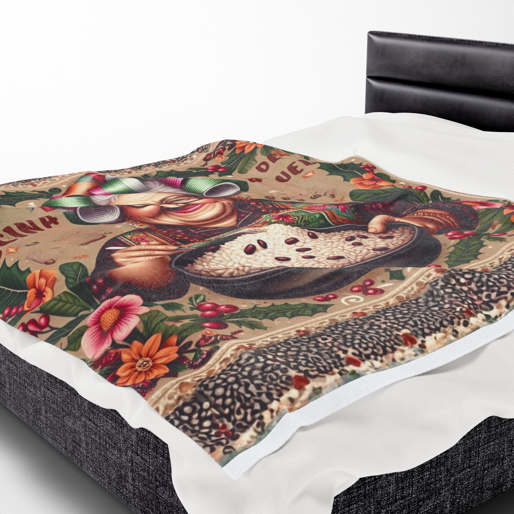Grandma’s Cocina Velveteen Plush Blanket —Abuela Cooking Illustration Throw