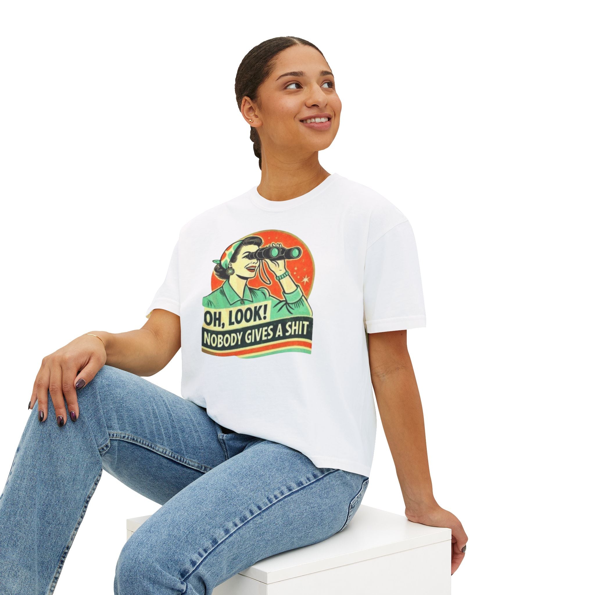 Graphic Tee — "Oh, Look! Nobody Gives a Shit" Retro Binoculars Design