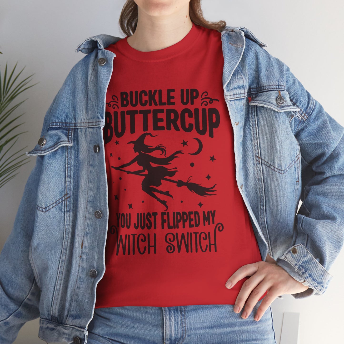 Witchy Humor Tee - Buckle Up Buttercup, Unisex Heavy Cotton Tee, Halloween Shirt, Casual Wear, Gift for Her, Funny T-Shirt