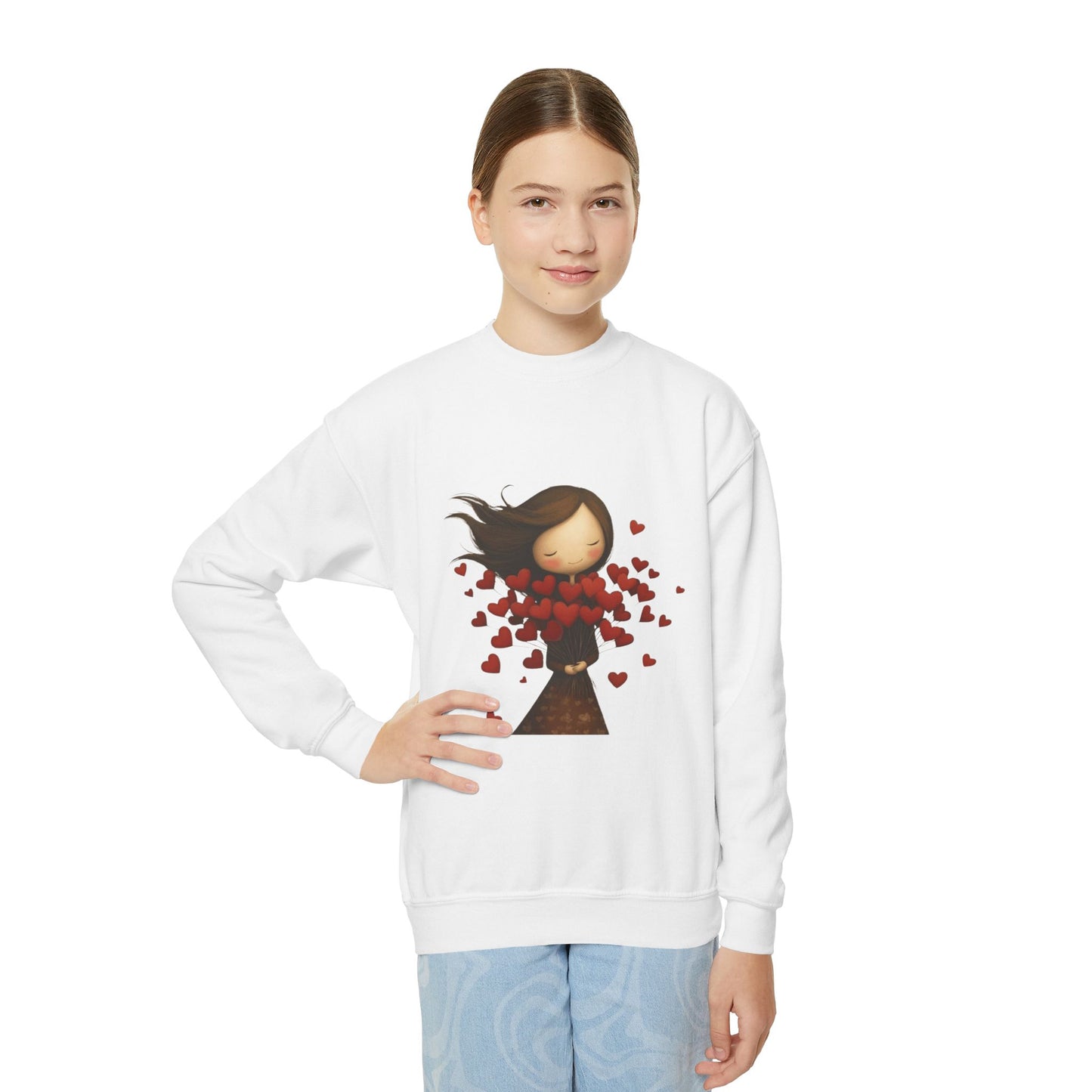 Youth Sweatshirt  Cute Girl with Heart Shower "Love Bug" Crewneck