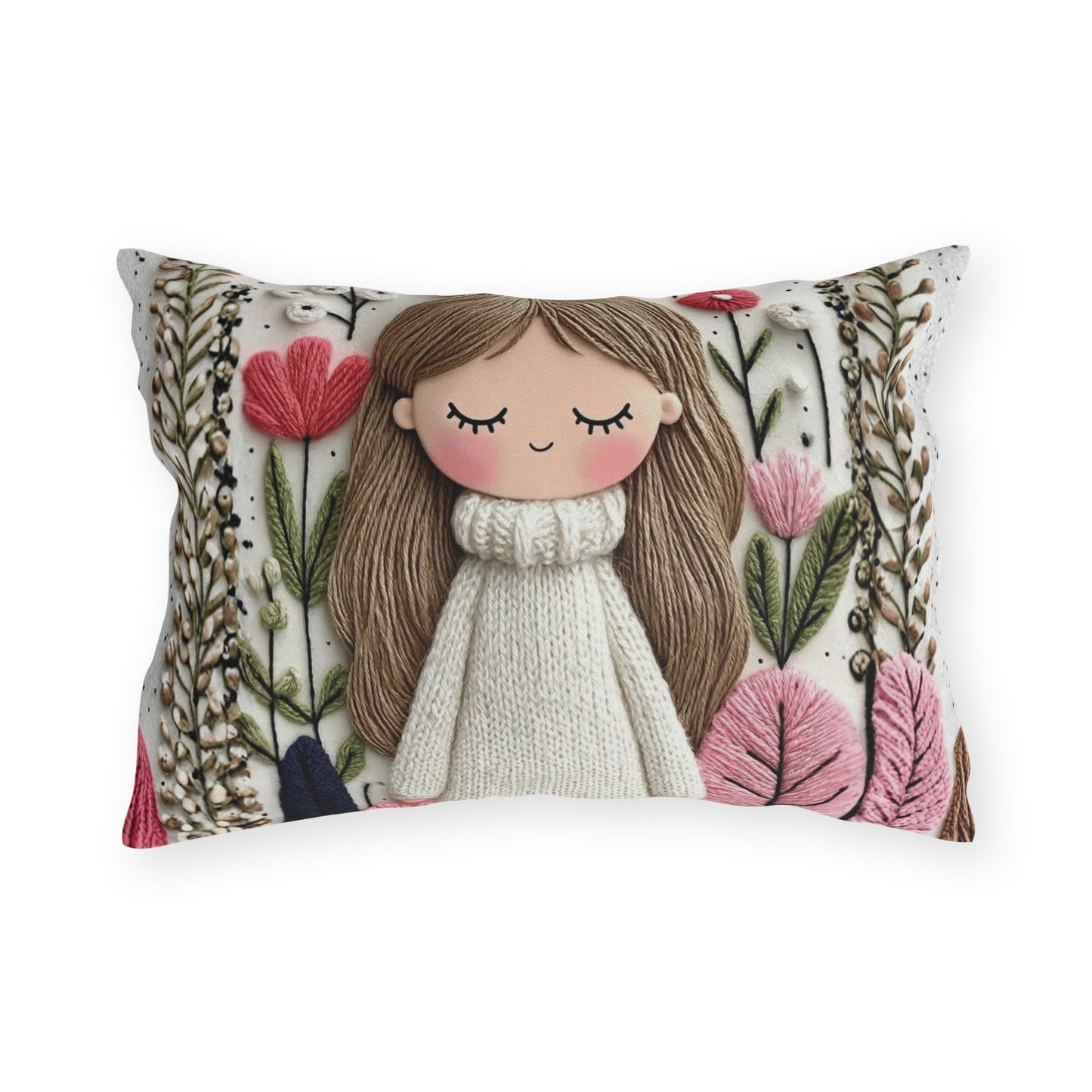 Cute Girl Floral Outdoor Pillow — Whimsical Garden Accent Cushion