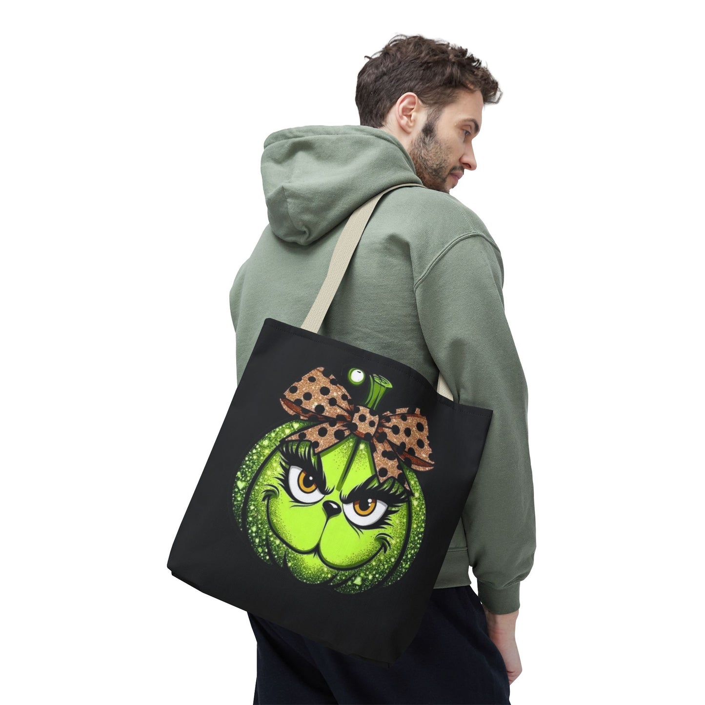 Grinch-Inspired Tote Bag with Polka Dot Bow Christmas Tote Bag Festive Holiday Design