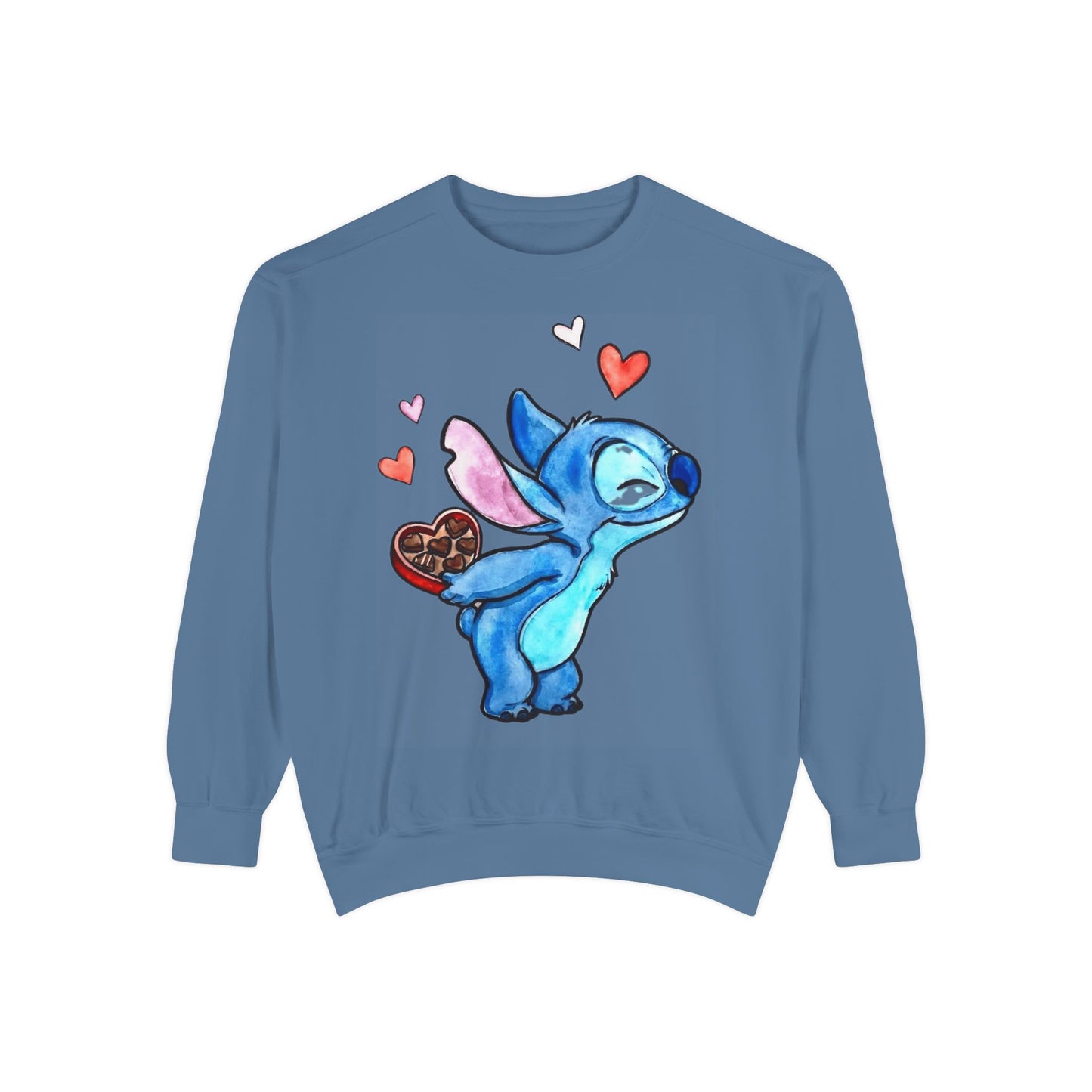 Stitch Valentine Sweatshirt — Cute Blue Alien with Hearts & Chocolate Pocket