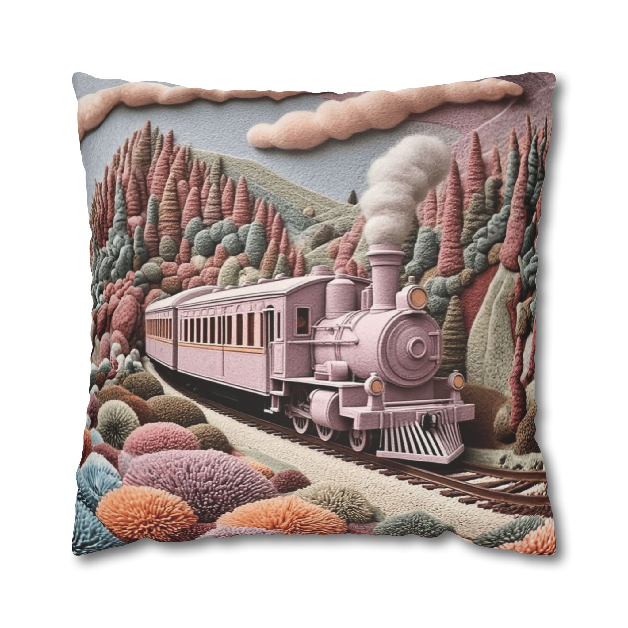 Vintage Pink Train Decorative Pillow – Whimsical Scenic Throw Pillowcase