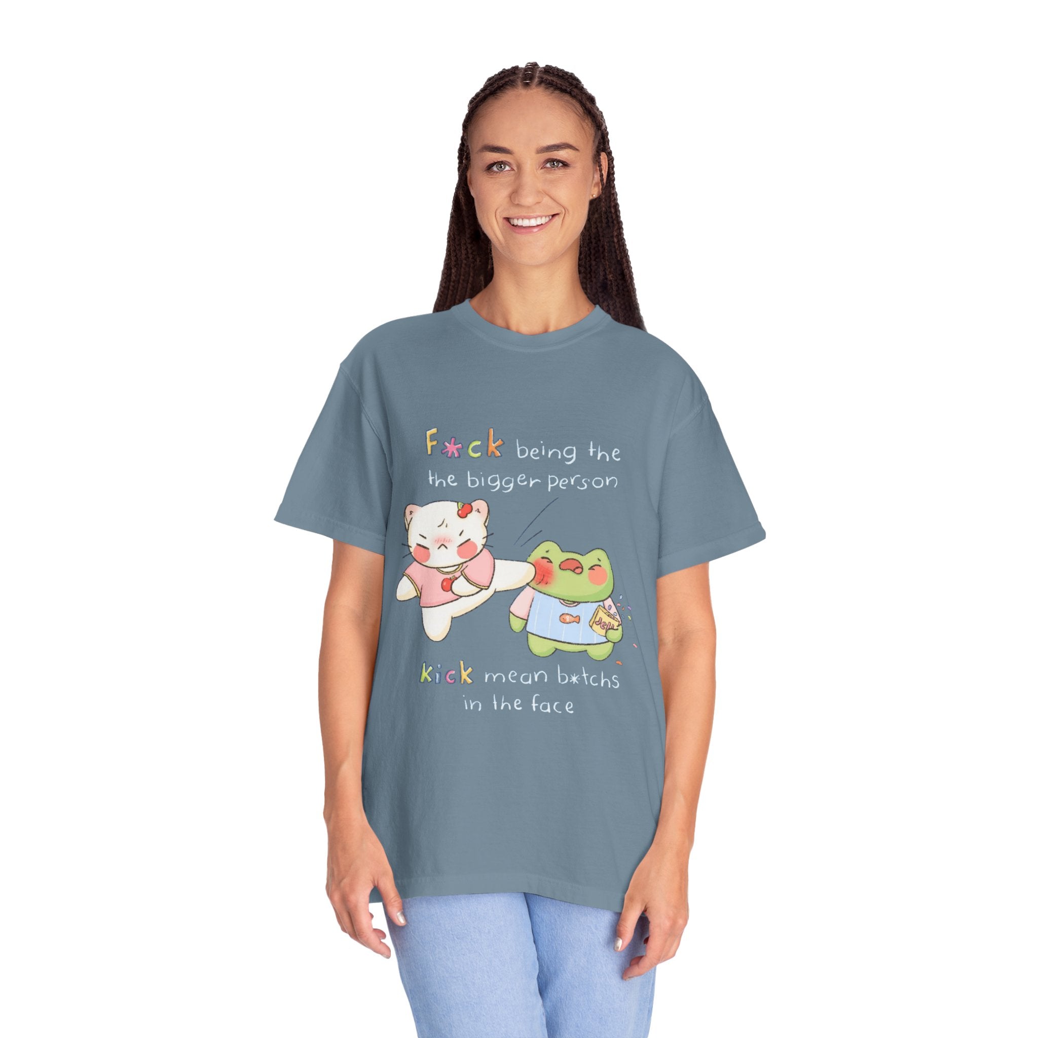 Graphic T-Shirt  Cute Kicking Cat & Frog with 'F*ck Being The Bigger Person' Slogan