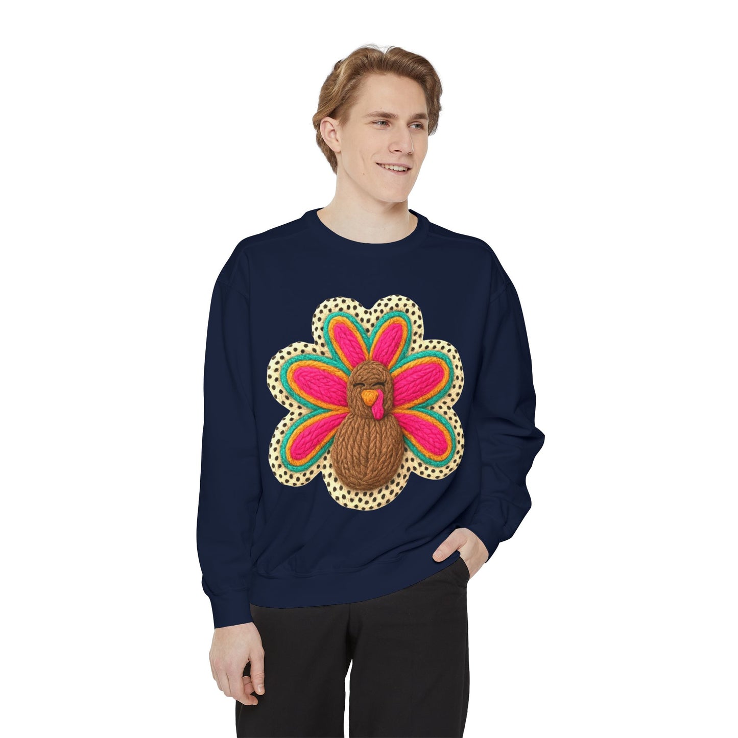 Festive Holiday Designs Turkey Patch Sweatshirt — Colorful Embroidered Thanksgiving Pullover