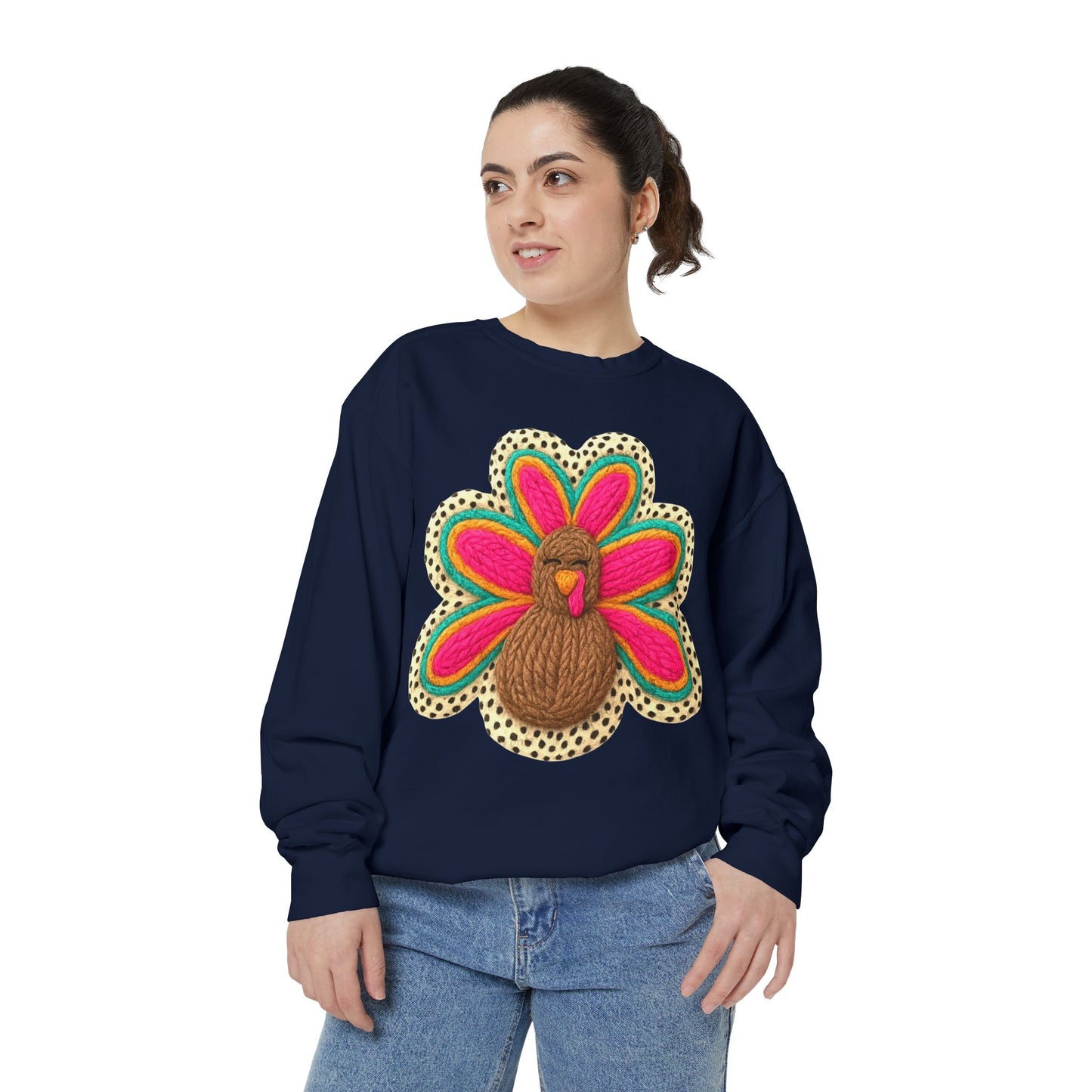Festive Holiday Designs Turkey Patch Sweatshirt — Colorful Embroidered Thanksgiving Pullover