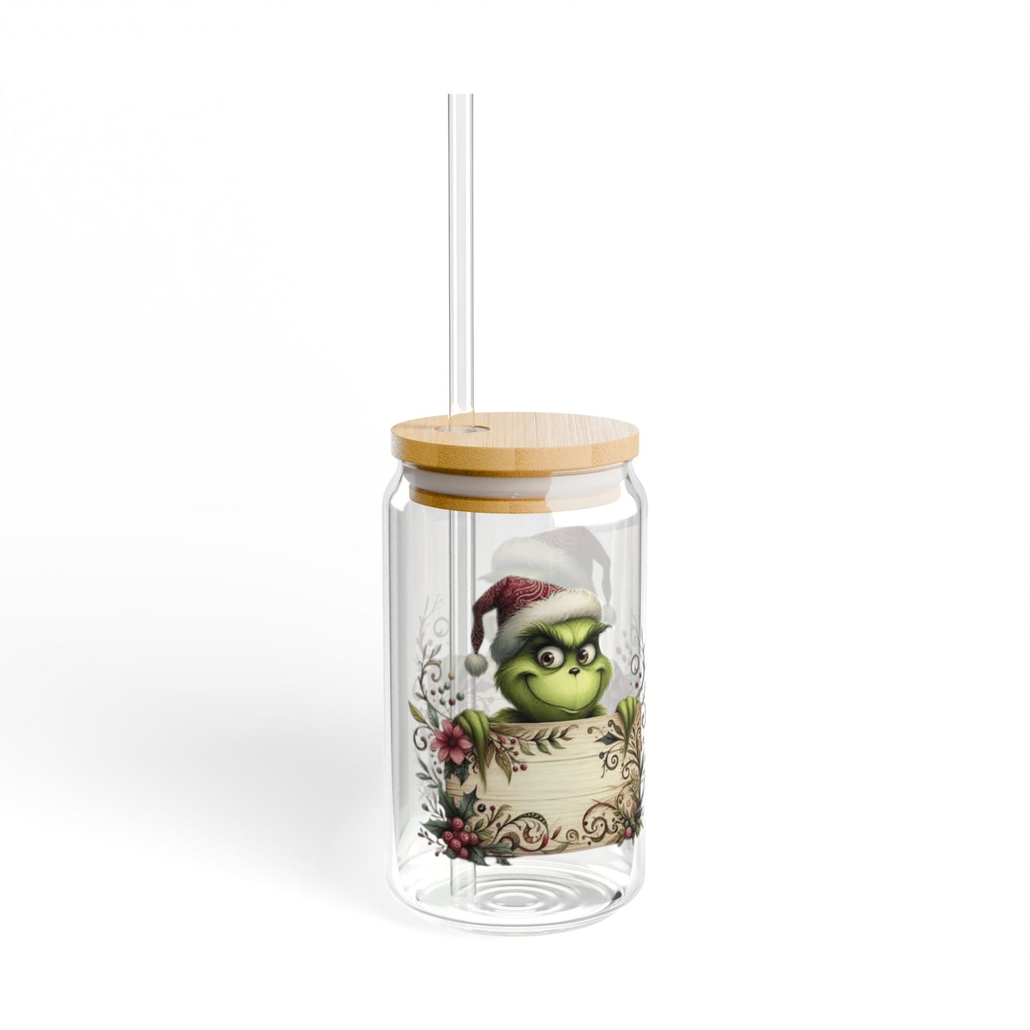 Christmas Design Whimsical Grinch Sipper Glass - 16oz with Bamboo Lid
