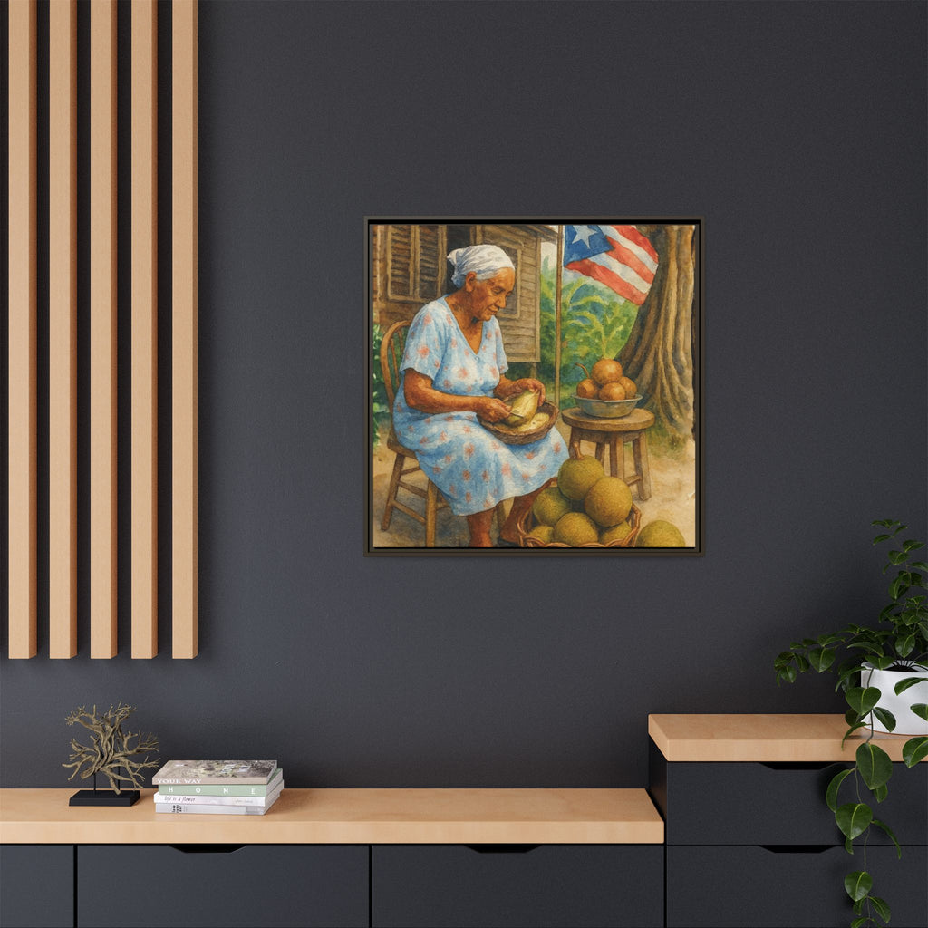 Cultural & Story-Driven These Puerto Rico inspired  Framed Matte Canvas Print  Woman Shelling Fruit Vintage Tropical Painting