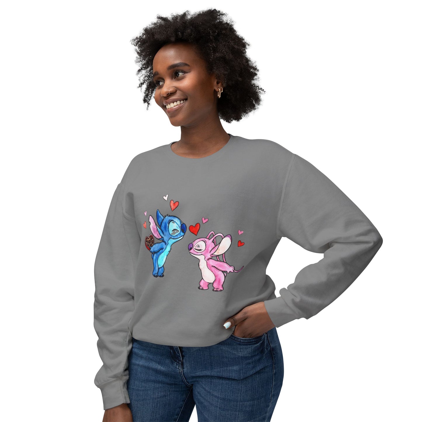Cute Stitch Valentine Sweatshirt — Blue & Pink Love Characters with Hearts