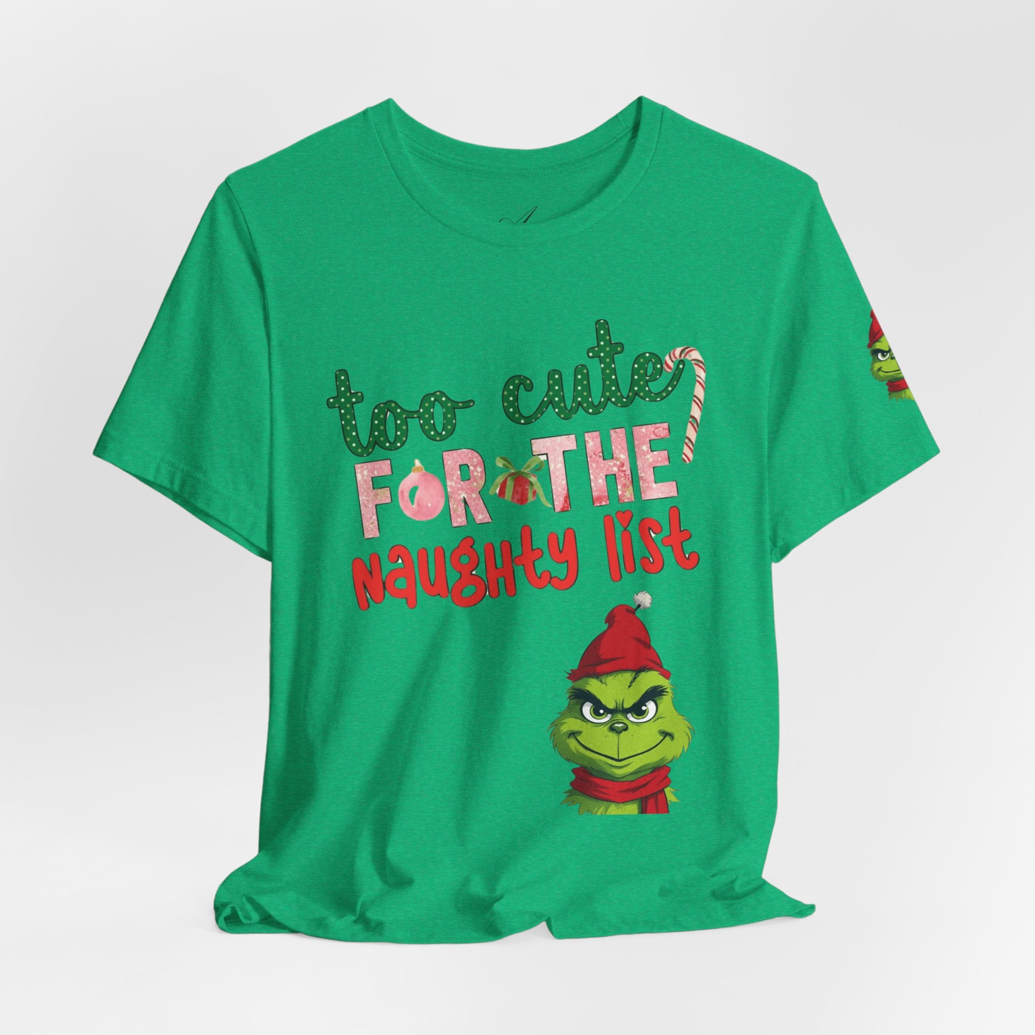 Christmas T-Shirts and Sweatshirts Collection Cute Grinch Holiday Tee 'Too Cute for the Naughty List' Unisex Jersey T-Shirt
