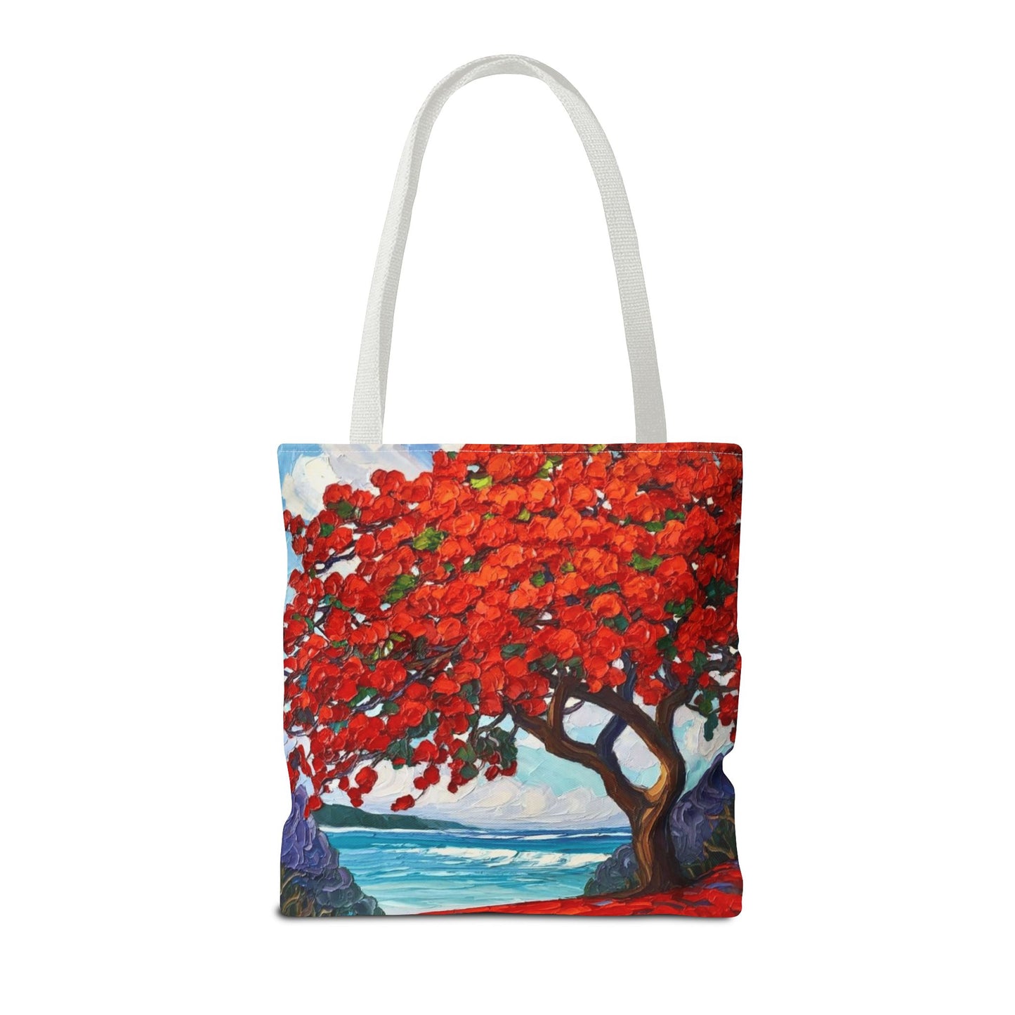 Red Blossom Beach Tote - Tropical Tree Art All-Over Print Tote Bag Crochet-Decorated Tote Bags