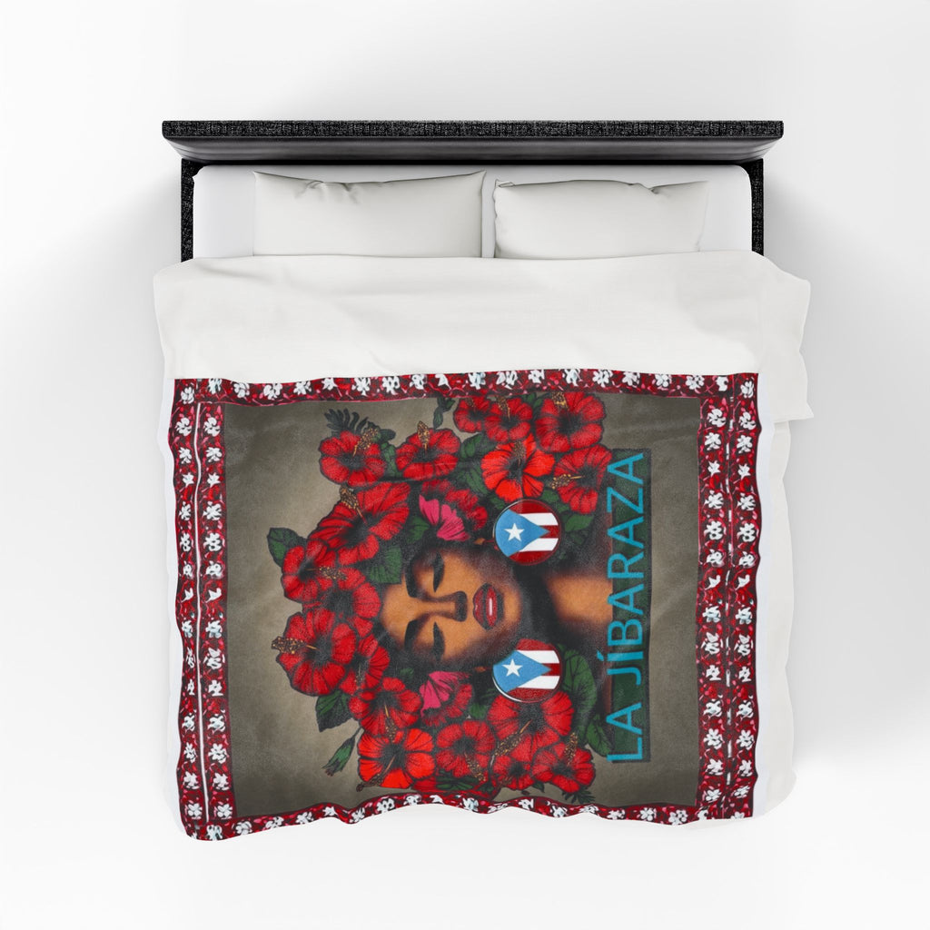 La Jíbaraza Velveteen Plush Blanket  Puerto Rican Floral Afro-Latina Portrait Throw