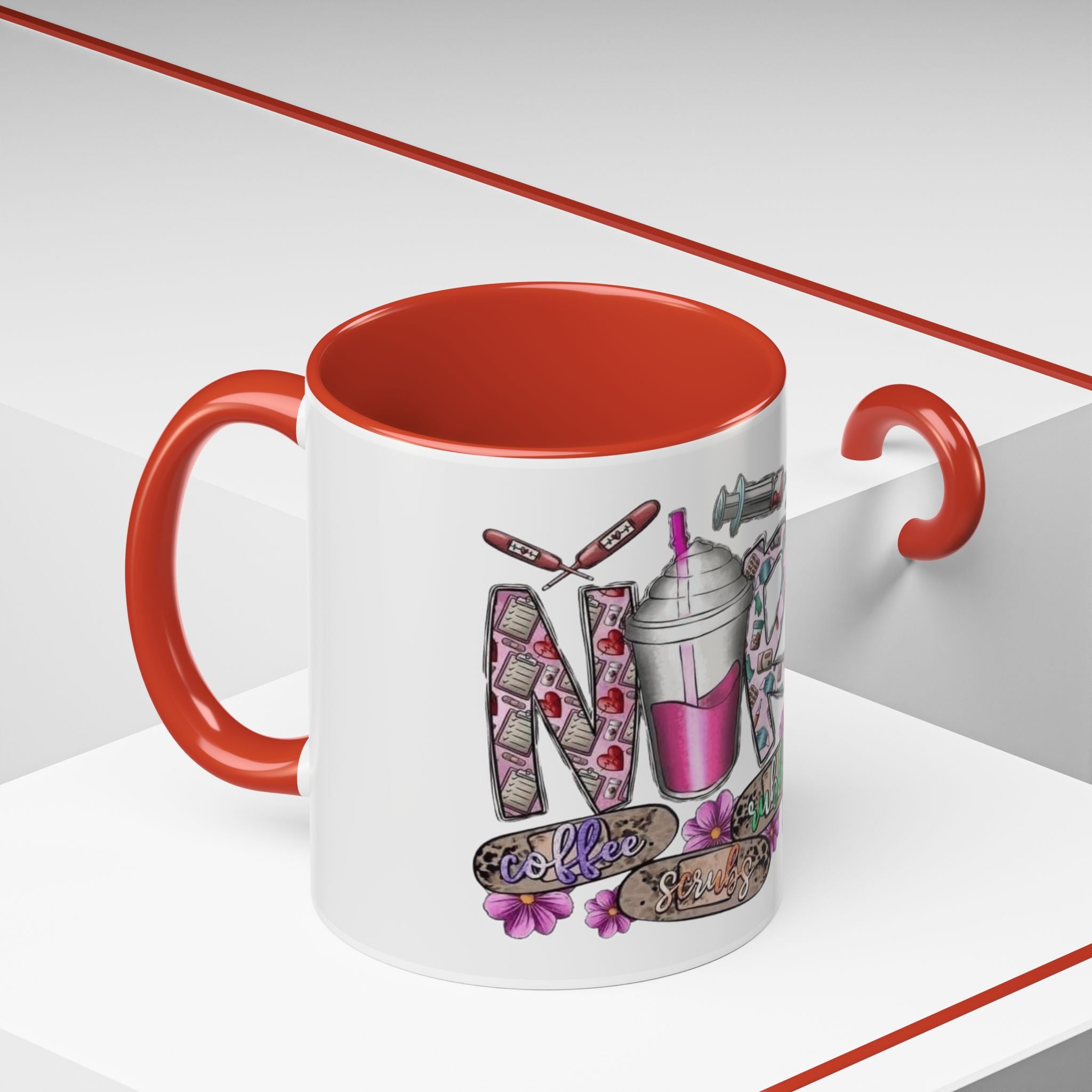Nurse Love Coffee Mug  Cute Floral Medical Stethoscope & Syringe Design (11/15oz) Medical Christmas Mug