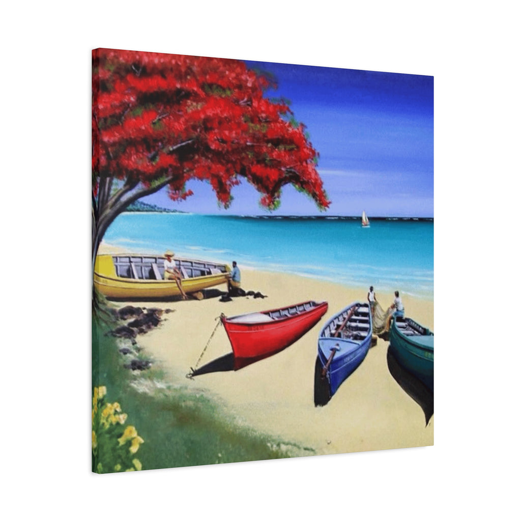 Beach Canoes Canvas Wall Art Tropical Seaside Landscape Matte Stretched Canvas