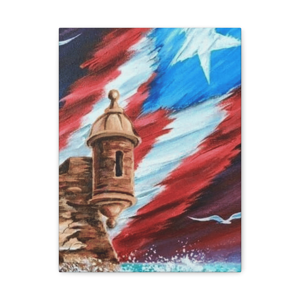 Patriotic Castillo Canvas Wall Art – Puerto Rico Flag Coastal Fortress Print