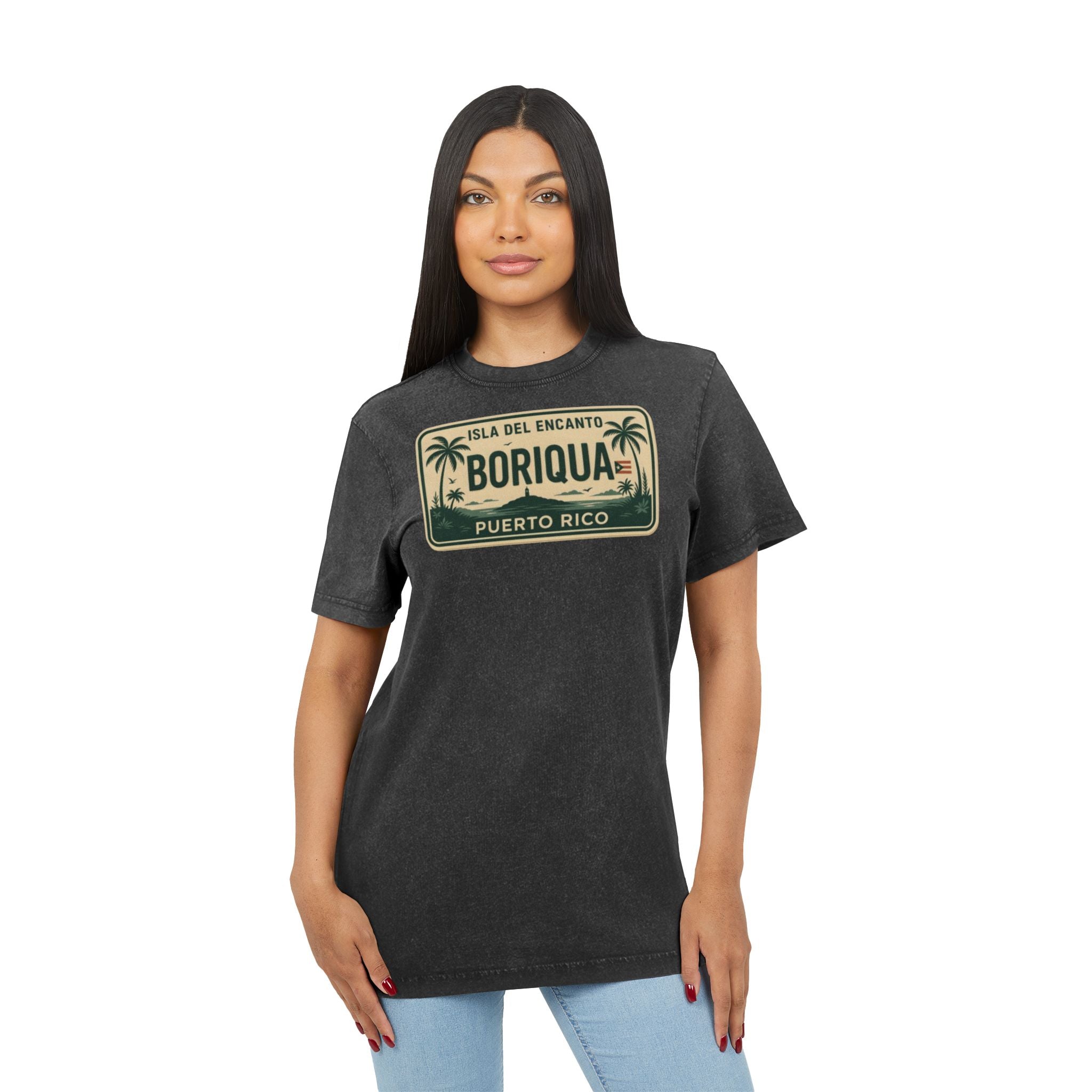 Boriqua Puerto Rico Vintage Acid-Wash Tee  Isla del Encanto License Plate Design