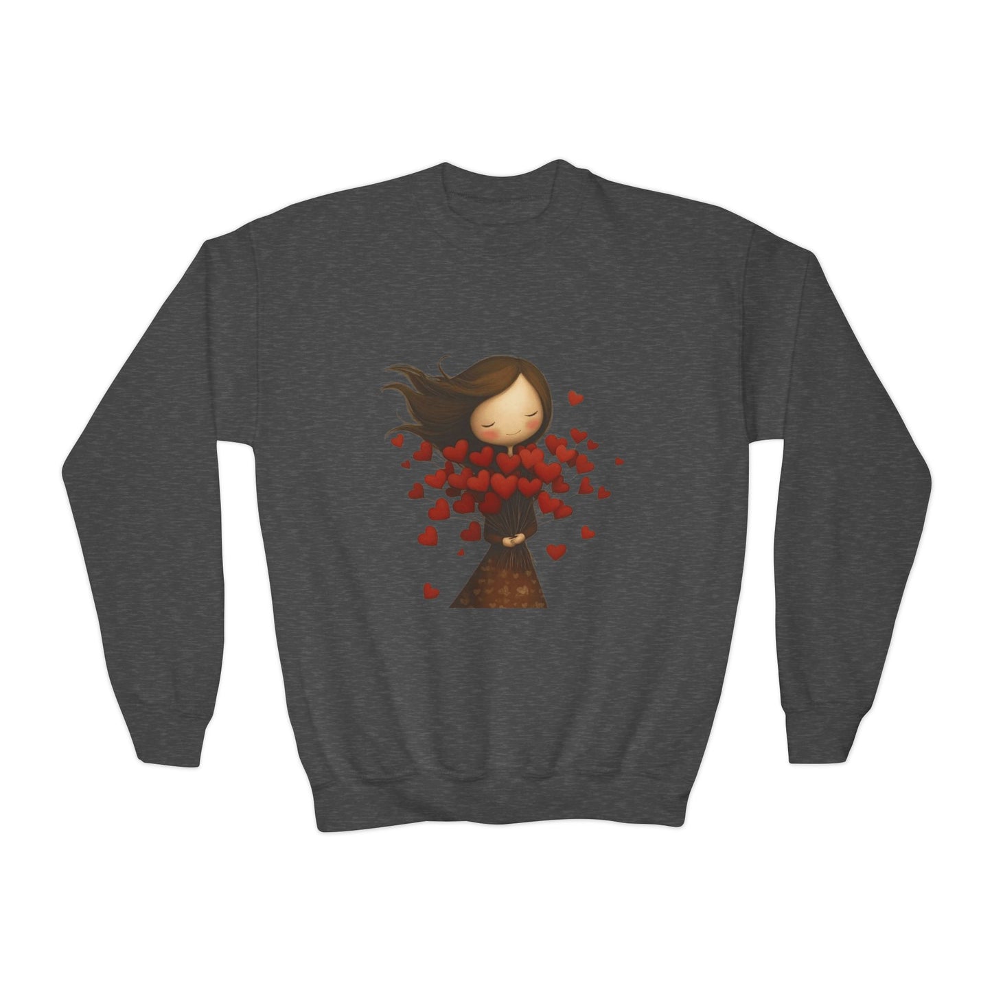 Youth Sweatshirt  Cute Girl with Heart Shower "Love Bug" Crewneck