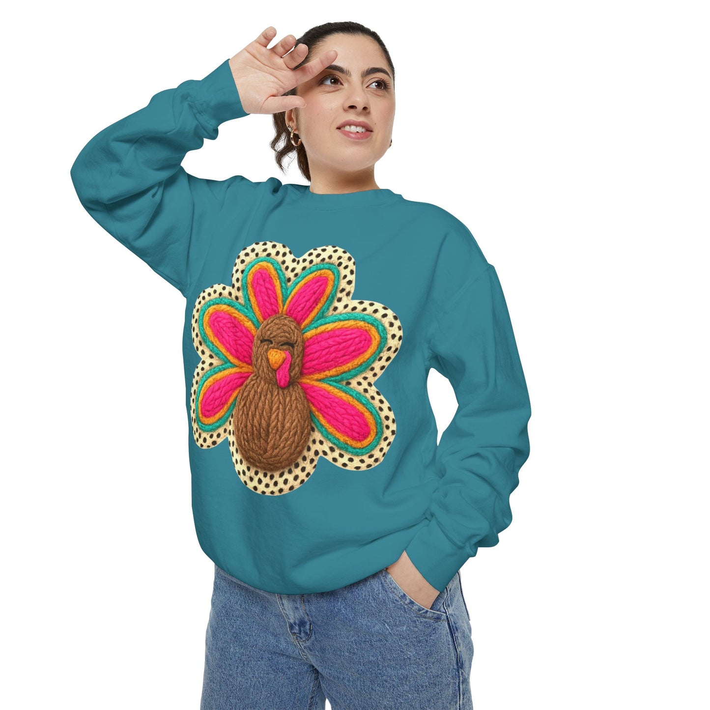 Festive Holiday Designs Turkey Patch Sweatshirt — Colorful Embroidered Thanksgiving Pullover