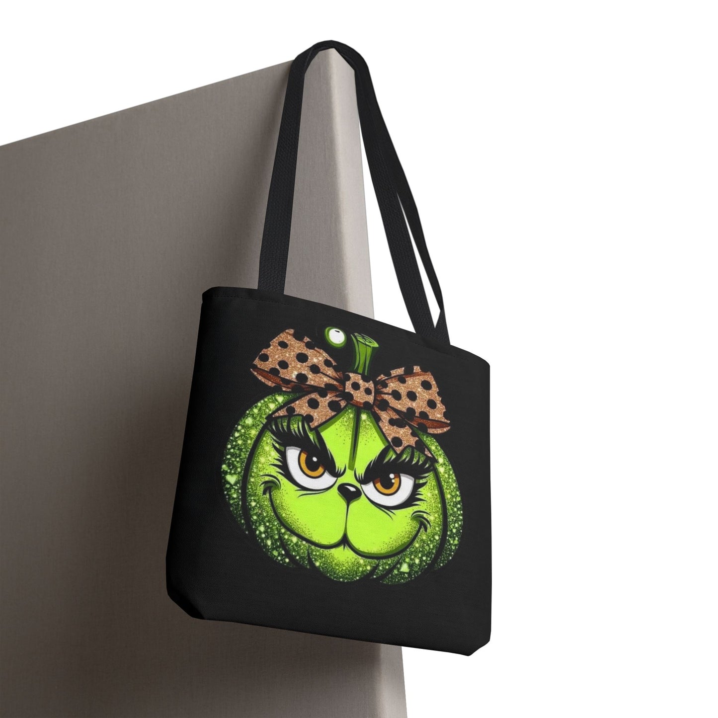 Grinch-Inspired Tote Bag with Polka Dot Bow Christmas Tote Bag Festive Holiday Design