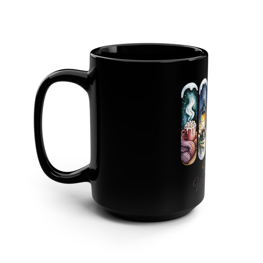 Winter Wonderland 15oz Black Mug — Cozy Fireplace & Reading Scene