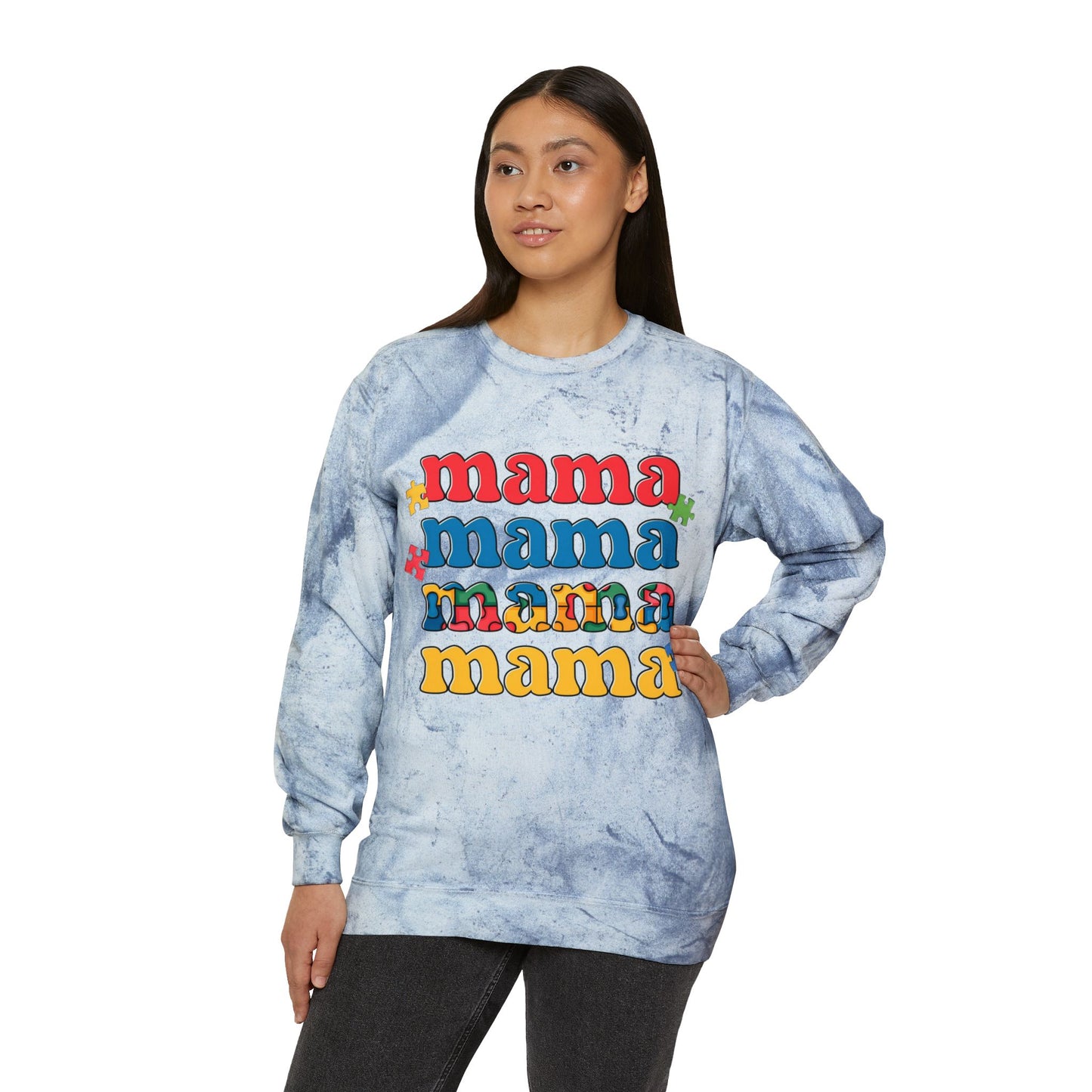 Autism Awareness & Pride Collection Mama Color Blast Crewneck Sweatshirt - Unisex Tie-Dye Style
