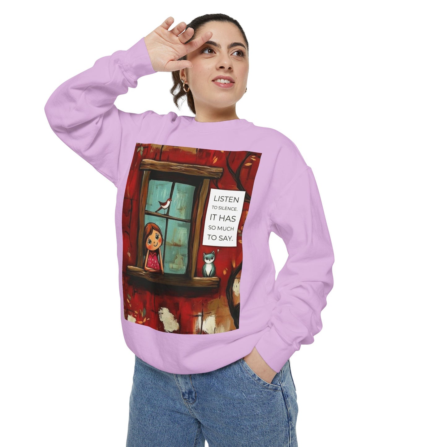 Cozy Window Scene Sweatshirt  "Listen, It Has So Much to Say" Graphic