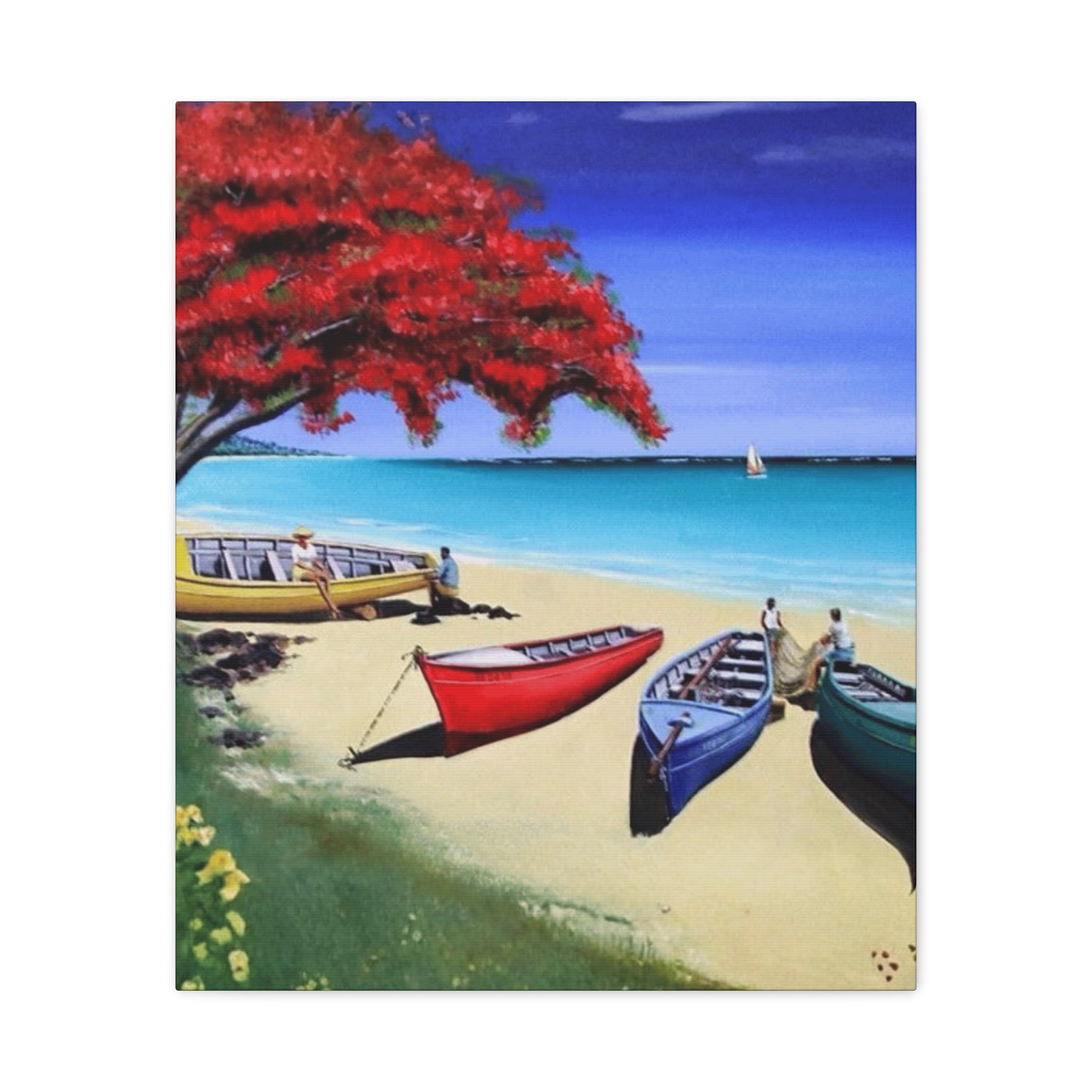 Beach Canoes Canvas Wall Art Tropical Seaside Landscape Matte Stretched Canvas
