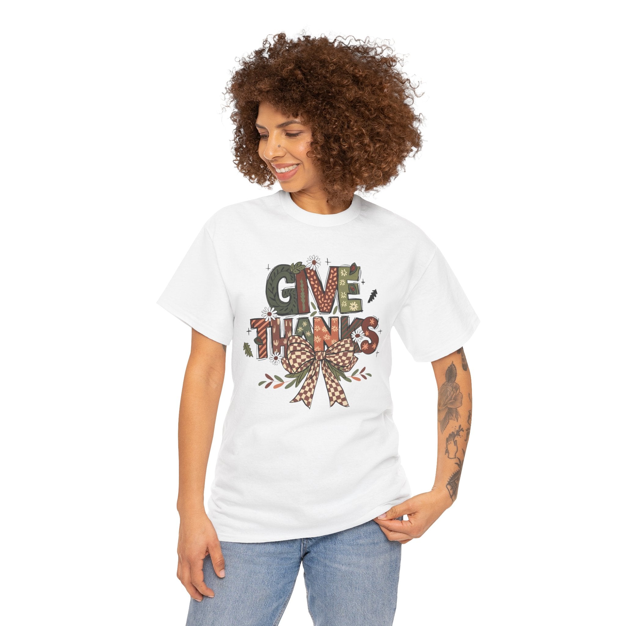 Give Thanks Tee Thanksgiving Graphic T-Shirt with Rustic Bow Design