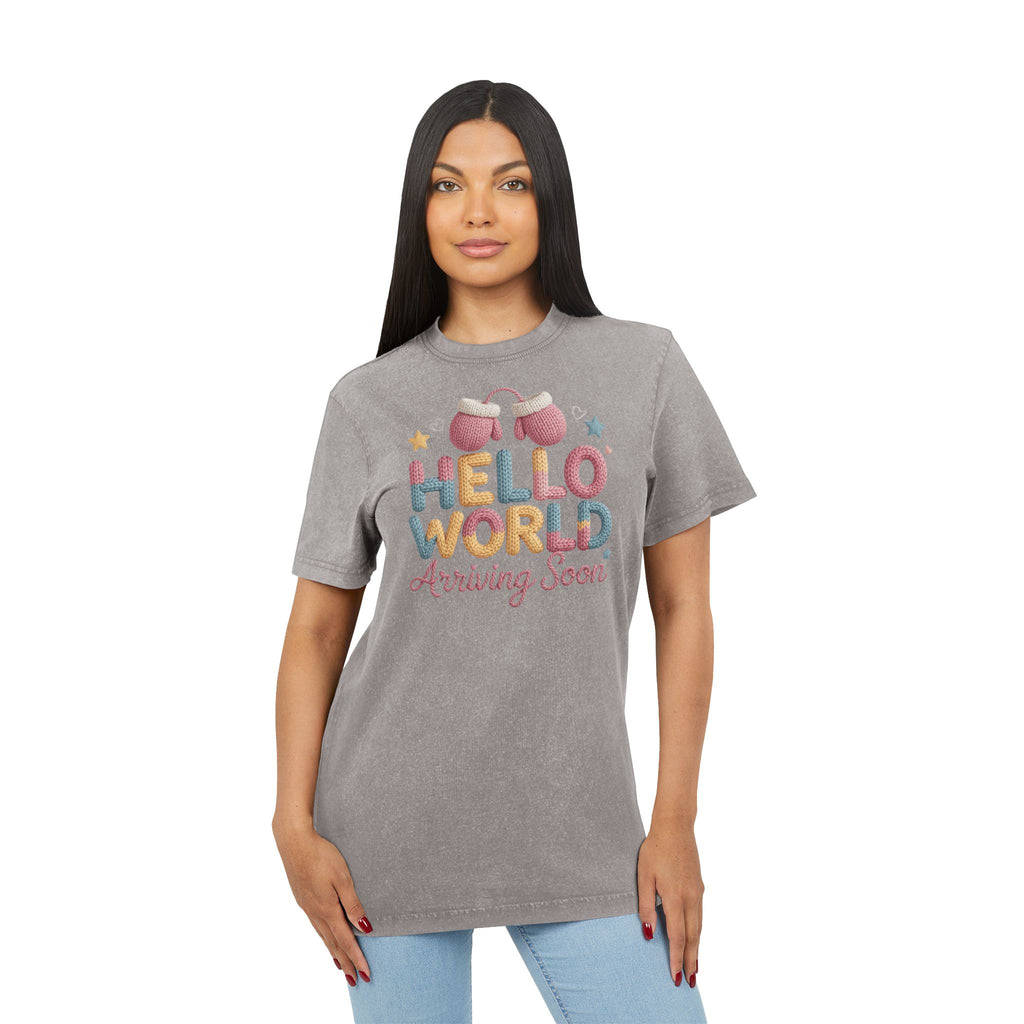 Hello World "Arriving Soon" Acid Wash Baby Announcement Tee
