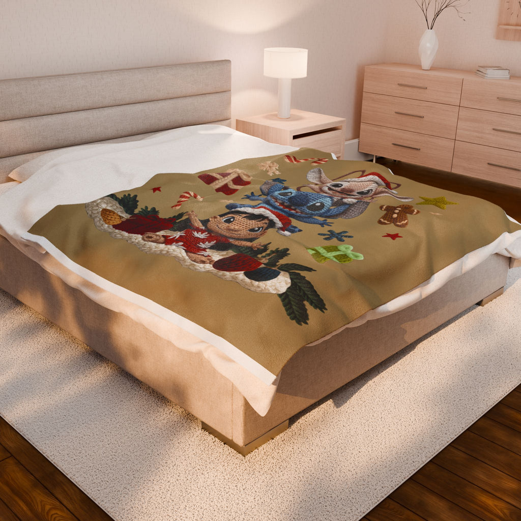 Winter Wonderland Cartoon Fleece Blanket Holiday Character Stack Velveteen Blanket Cute Christmas Stitch, Elf & Reindeer Plush Design