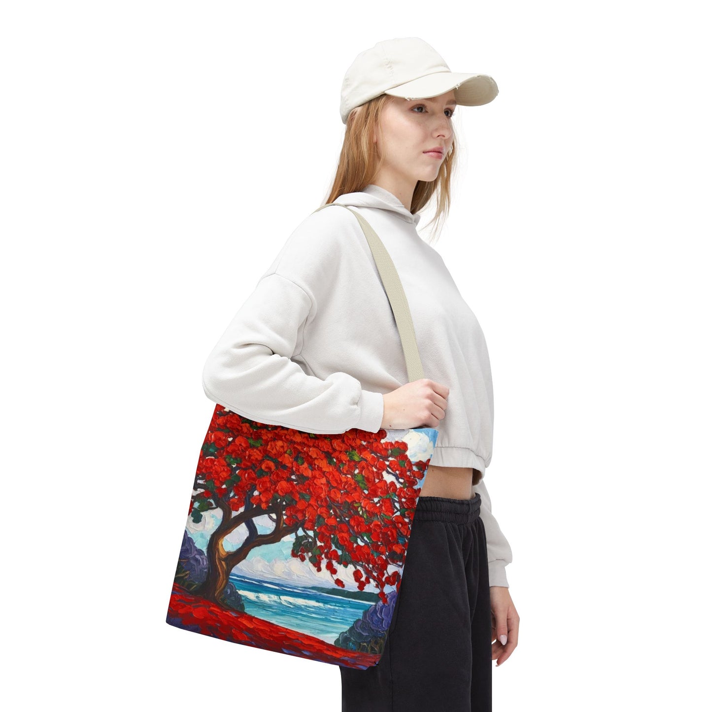 Red Blossom Beach Tote - Tropical Tree Art All-Over Print Tote Bag Crochet-Decorated Tote Bags