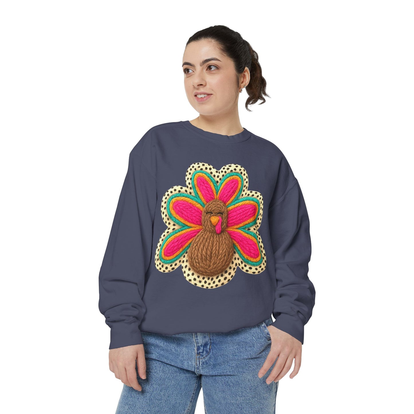 Festive Holiday Designs Turkey Patch Sweatshirt — Colorful Embroidered Thanksgiving Pullover
