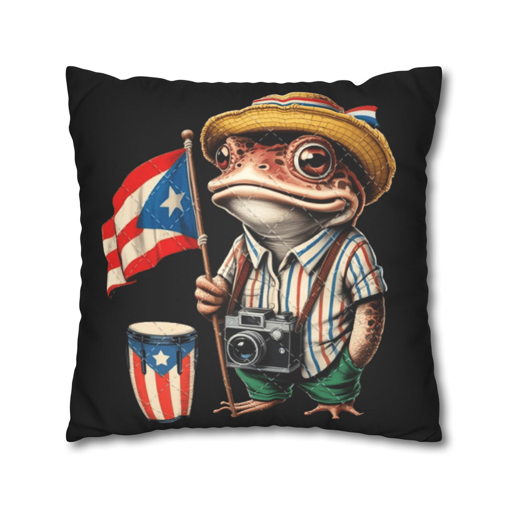 Puerto Rican Flag Frog Faux Suede Pillowcase  Tourist Toad Camera Design Puerto Rico Culture Pillow