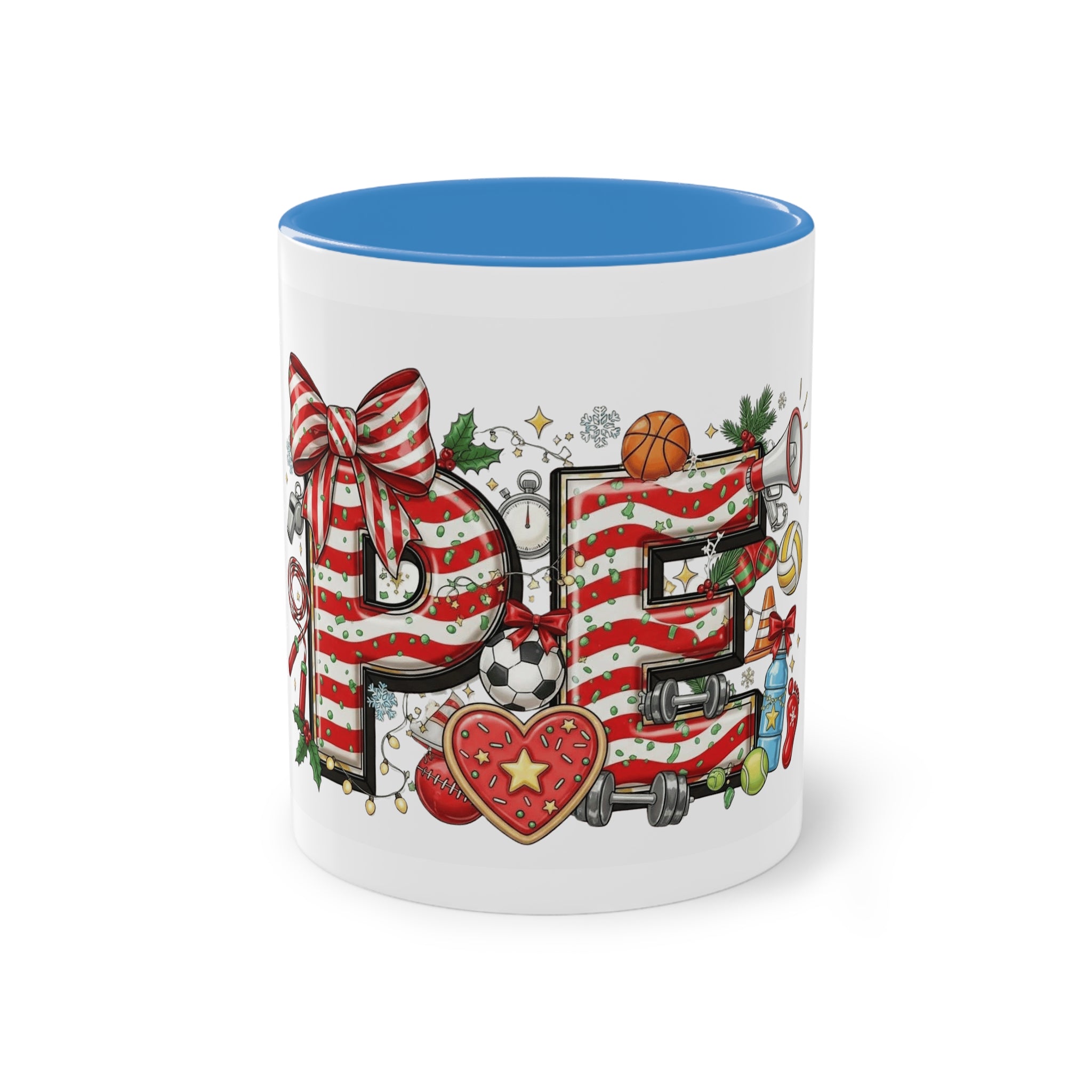 Holiday Sports Mom Coffee Mug Festive 'PE' Candy-Stripe Design, 11oz Two-Tone School Staff Christmas Mug Collection,