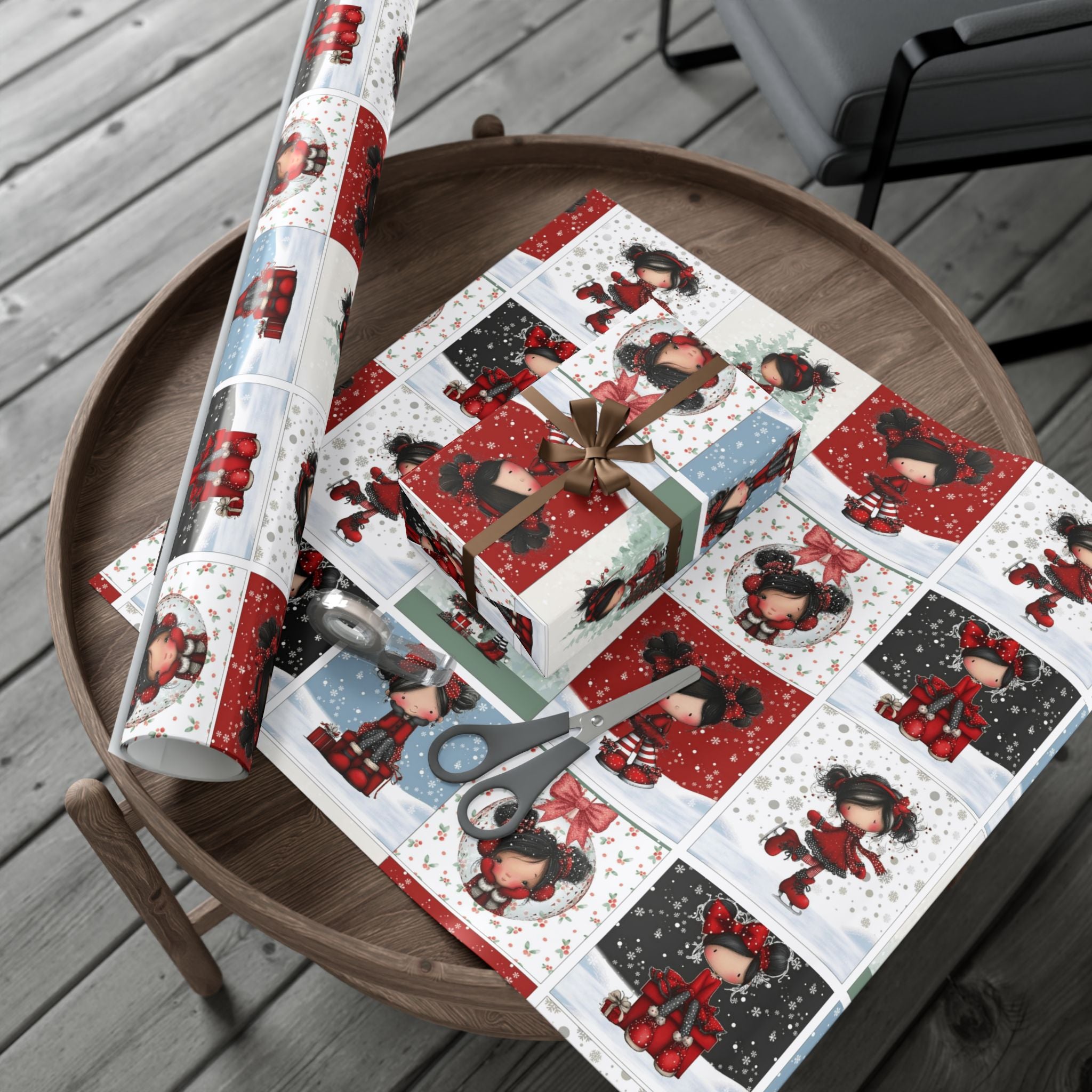 Festive Wrapping Paper Gift Wrap Papers - Cute Holiday Girl Patterned Wrapping Paper Rolls (Snow, Red Bows)