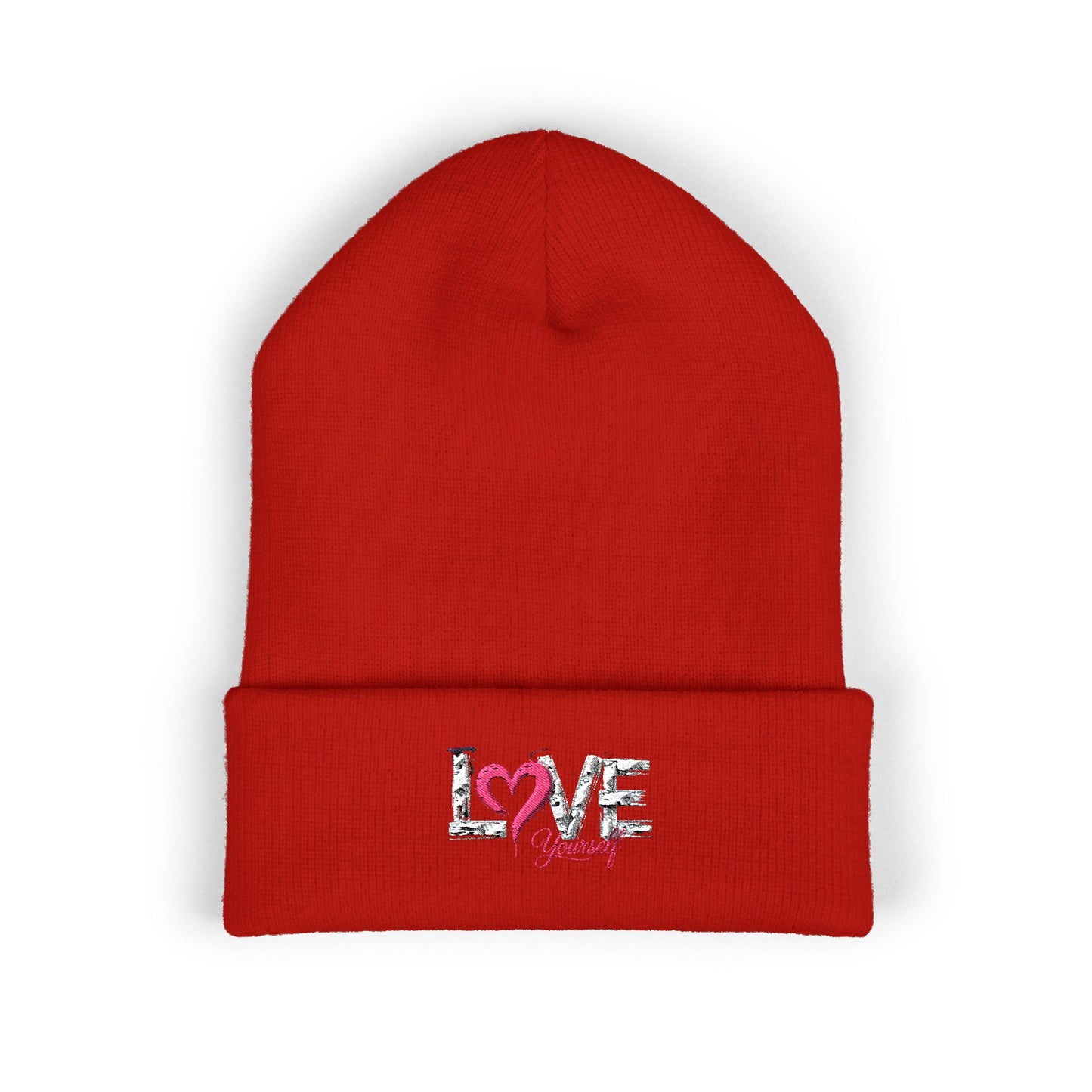 Embroidered 'Love' Heart Cuffed Beanie — Cozy Pink Accent Winter Hat