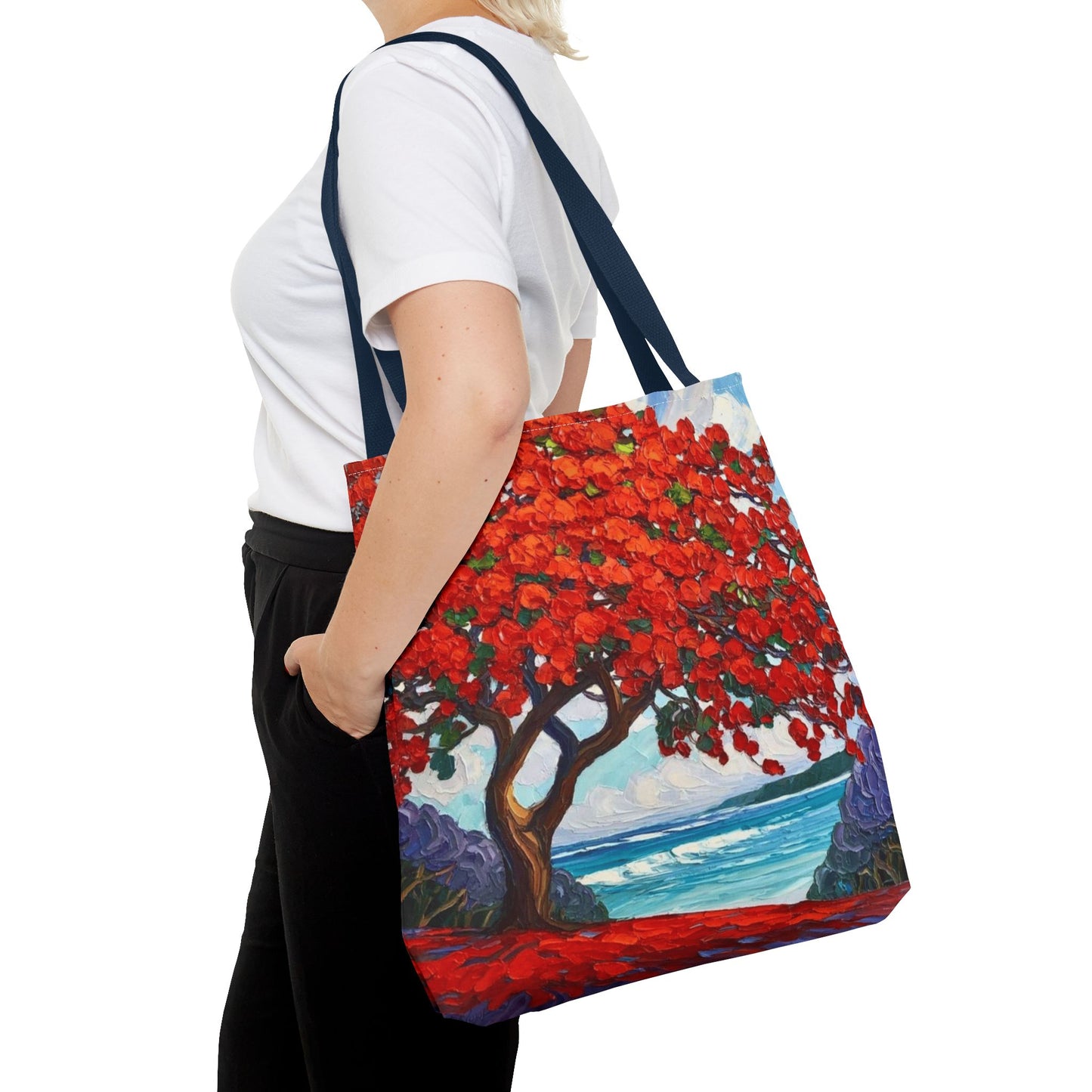Red Blossom Beach Tote - Tropical Tree Art All-Over Print Tote Bag Crochet-Decorated Tote Bags