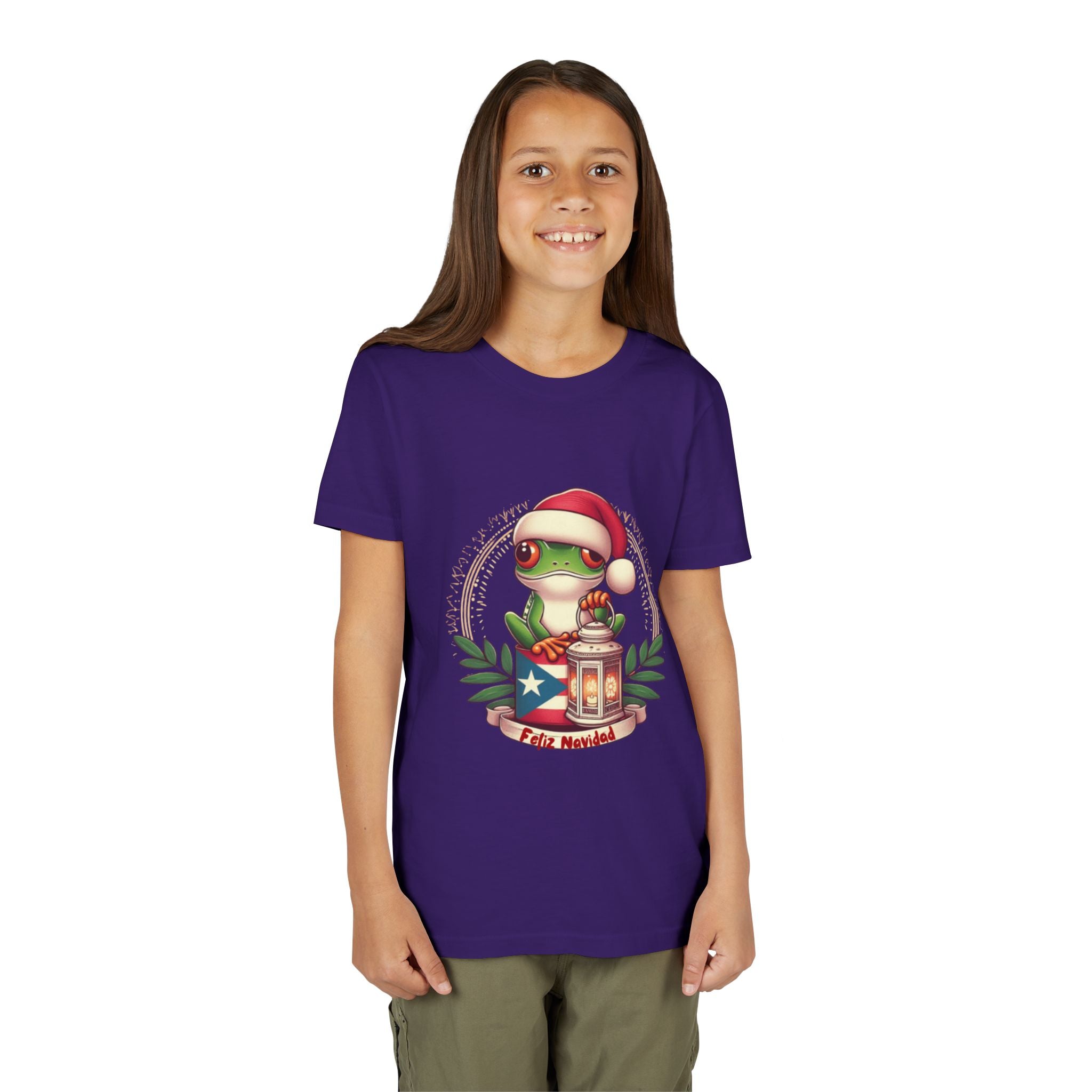 Kids Tee Cute Frog with Puerto Rican Flag & Lantern (Feliz Navidad)