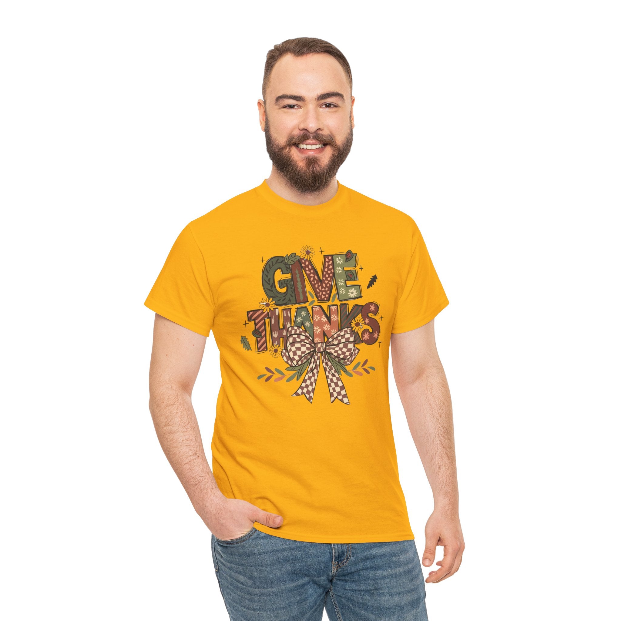 Give Thanks Tee Thanksgiving Graphic T-Shirt with Rustic Bow Design